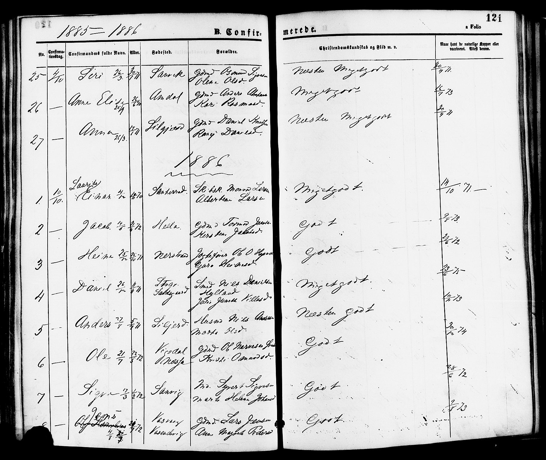 Nedstrand sokneprestkontor, SAST/A-101841/01/IV: Parish register (official) no. A 11, 1877-1887, p. 121