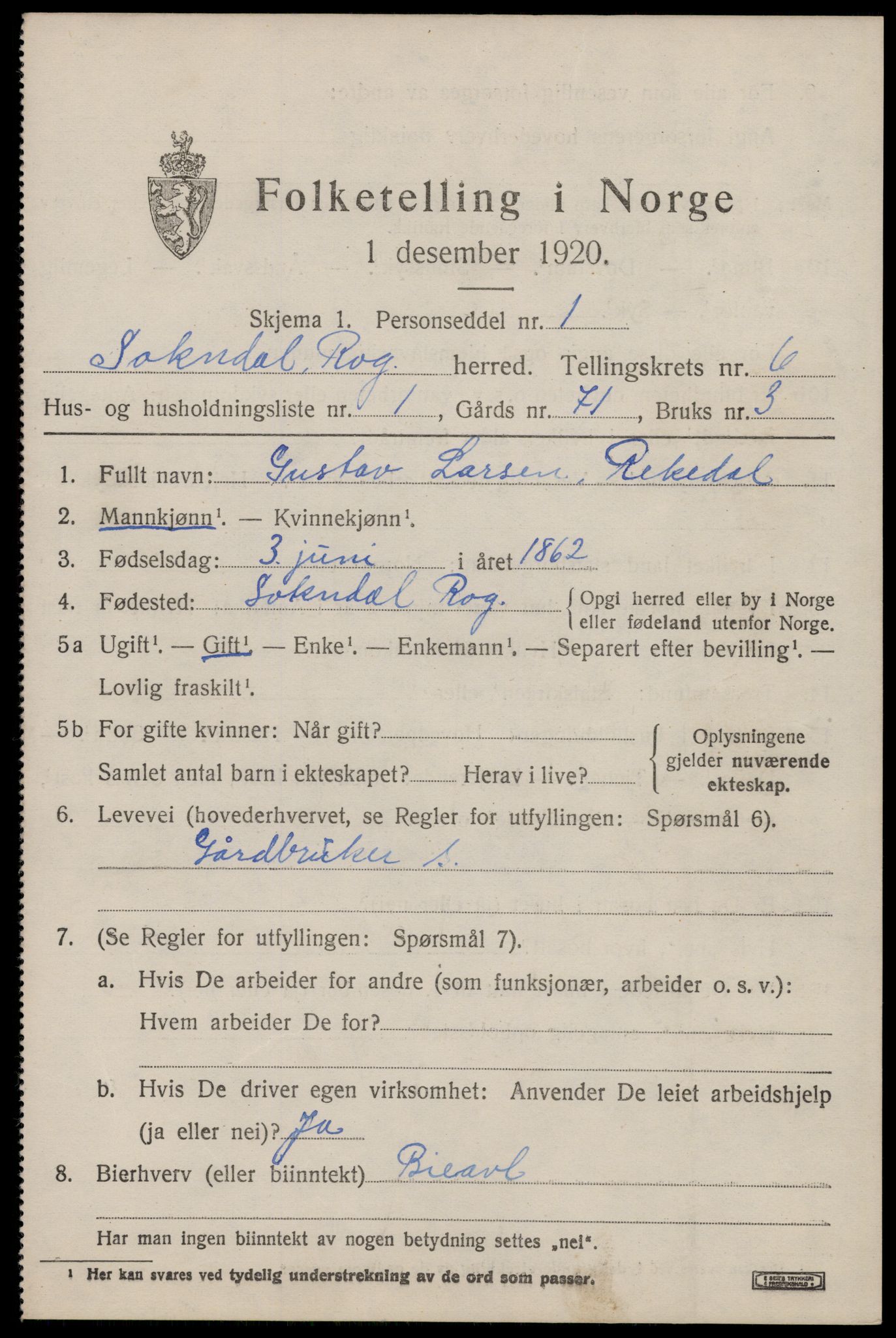 SAST, 1920 census for Sokndal, 1920, p. 3525