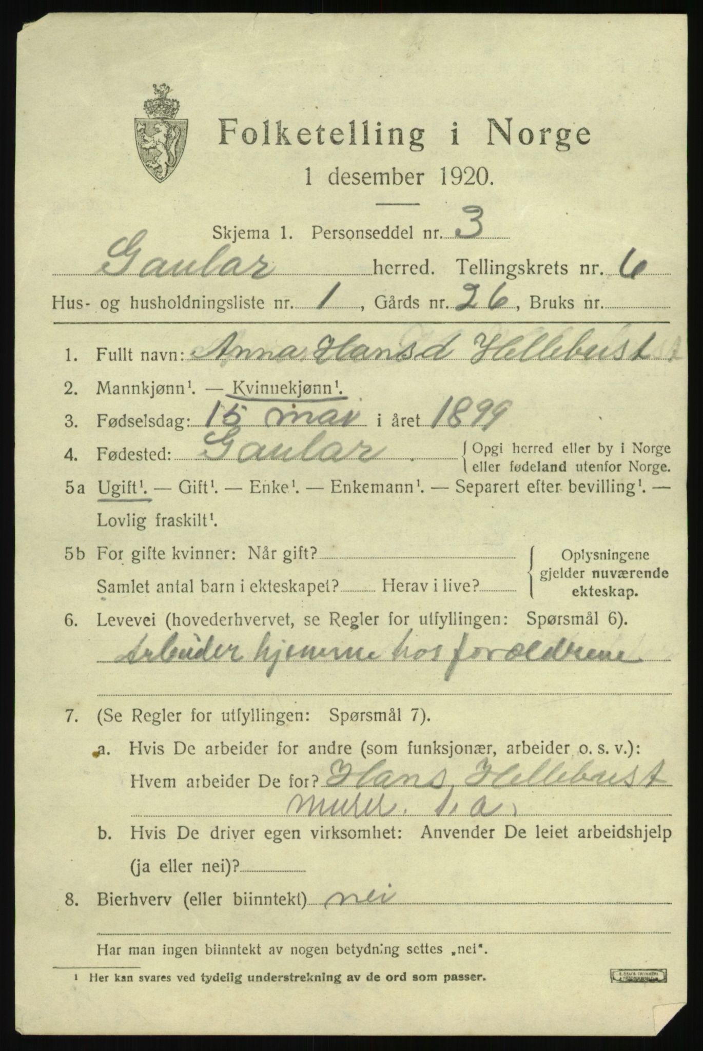 SAB, 1920 census for Gaular, 1920, p. 2930