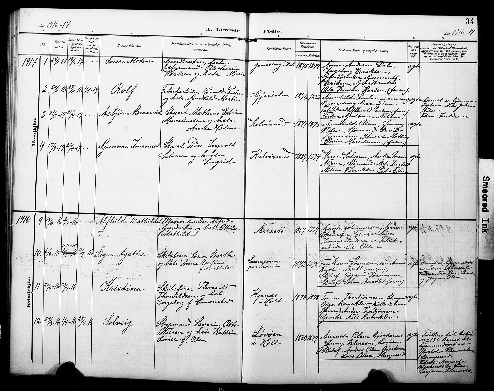 Dypvåg sokneprestkontor, AV/SAK-1111-0007/F/Fb/Fbb/L0005: Parish register (copy) no. B 5, 1905-1924, p. 34