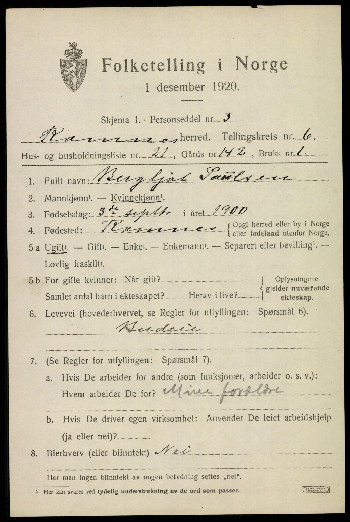 SAKO, 1920 census for Ramnes, 1920, p. 6404