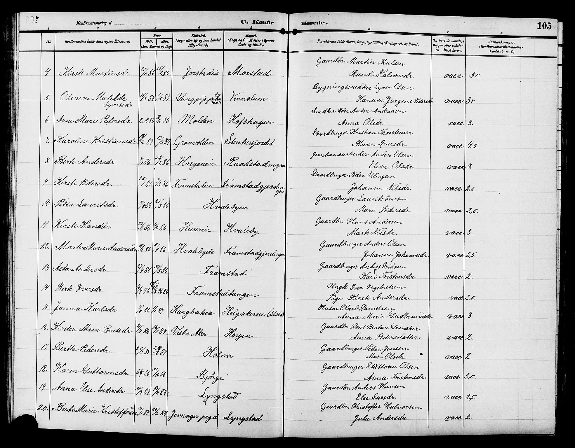 Gran prestekontor, AV/SAH-PREST-112/H/Ha/Hab/L0006: Parish register (copy) no. 6, 1901-1911, p. 105