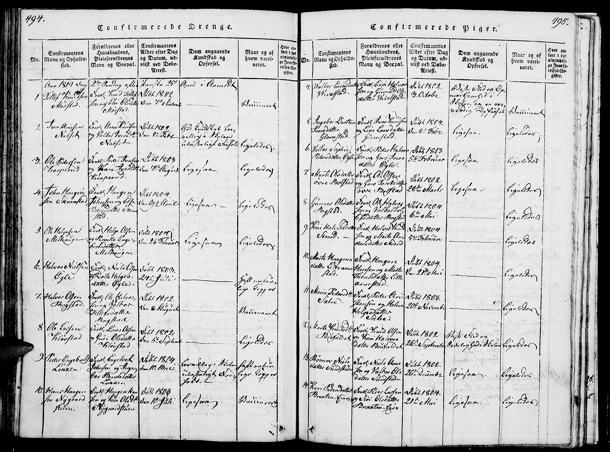 Åmot prestekontor, Hedmark, SAH/PREST-056/H/Ha/Hab/L0001: Parish register (copy) no. 1, 1815-1847, p. 494-495