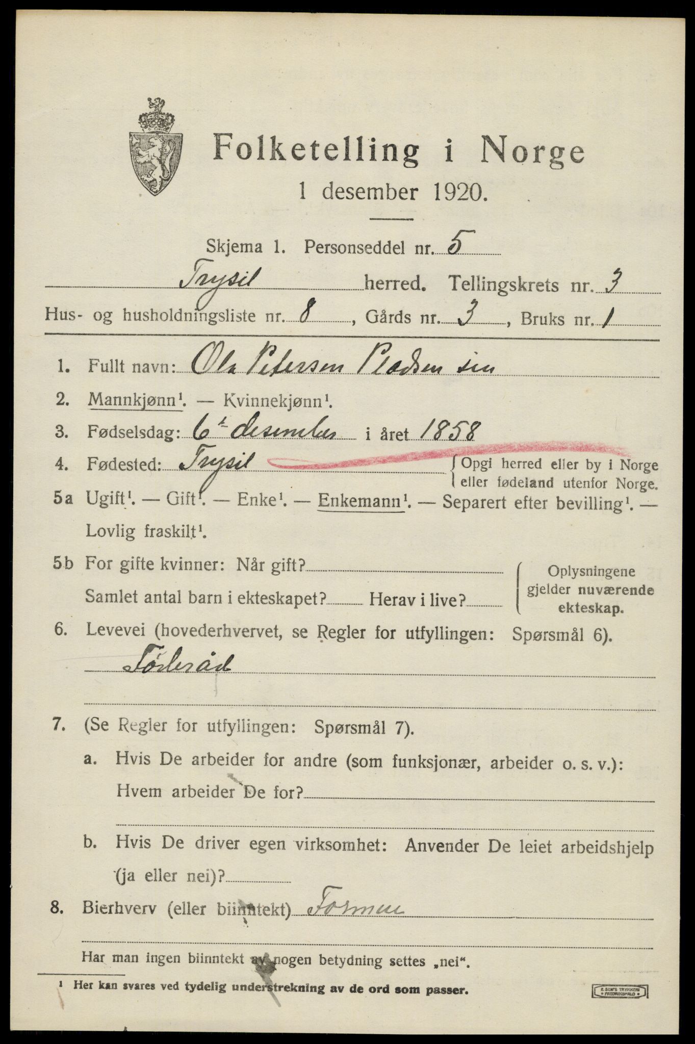 SAH, 1920 census for Trysil, 1920, p. 3573