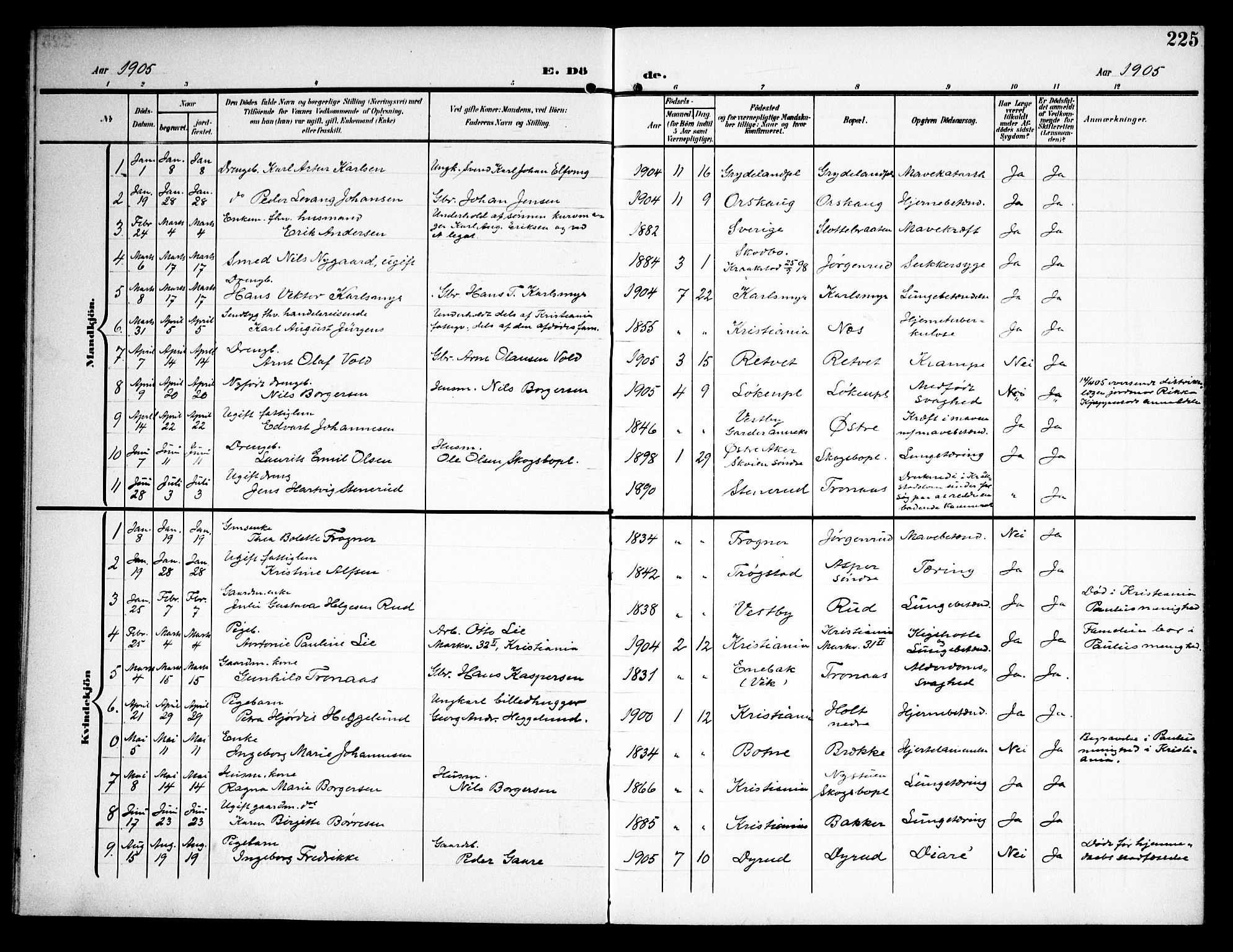 Kråkstad prestekontor Kirkebøker, AV/SAO-A-10125a/G/Ga/L0002: Parish register (copy) no. I 2, 1905-1934, p. 225