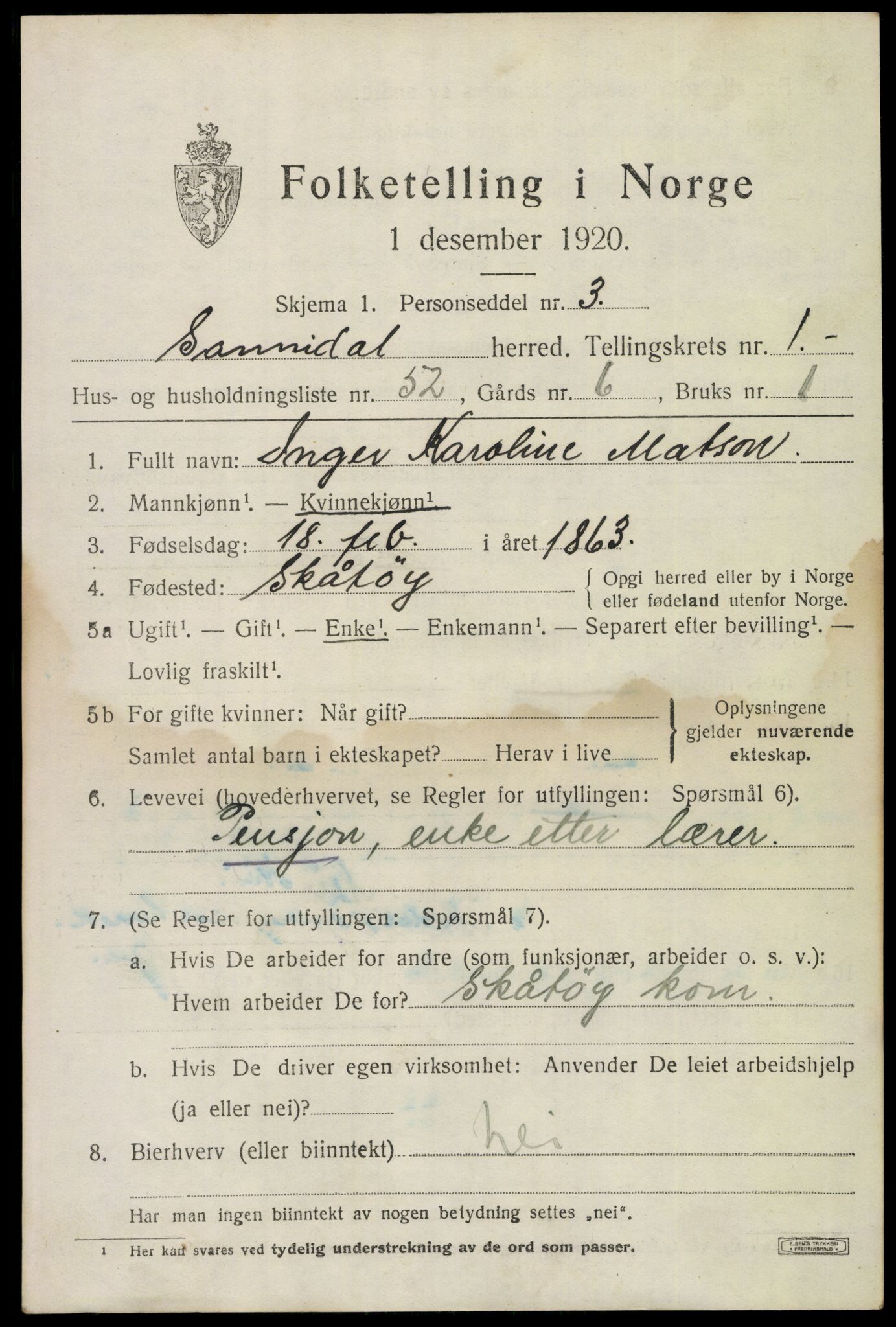 SAKO, 1920 census for Sannidal, 1920, p. 1641