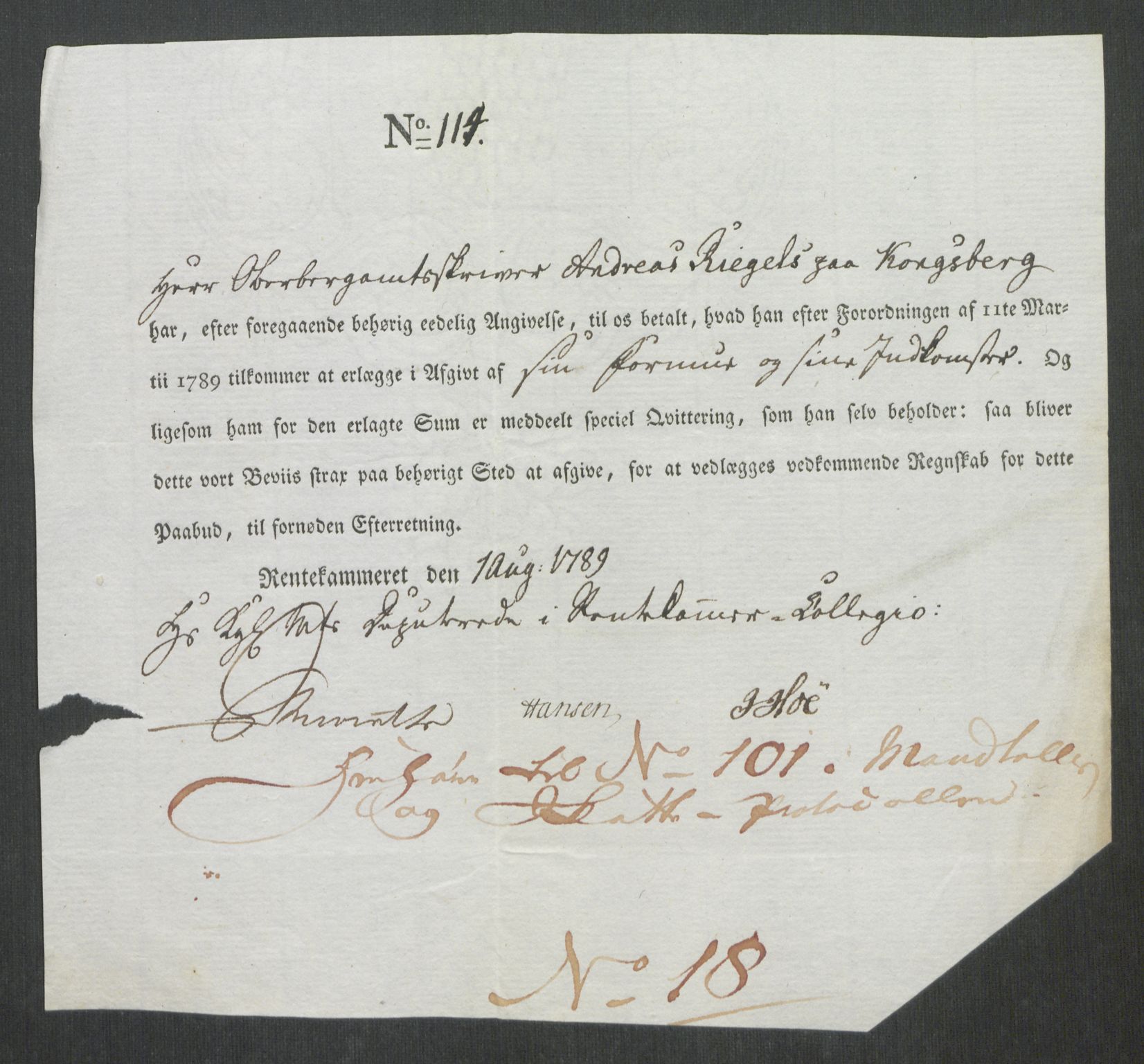 Rentekammeret inntil 1814, Reviderte regnskaper, Mindre regnskaper, AV/RA-EA-4068/Rf/Rfe/L0019: Jæren og Dalane fogderi, Kongsberg, 1789, p. 242