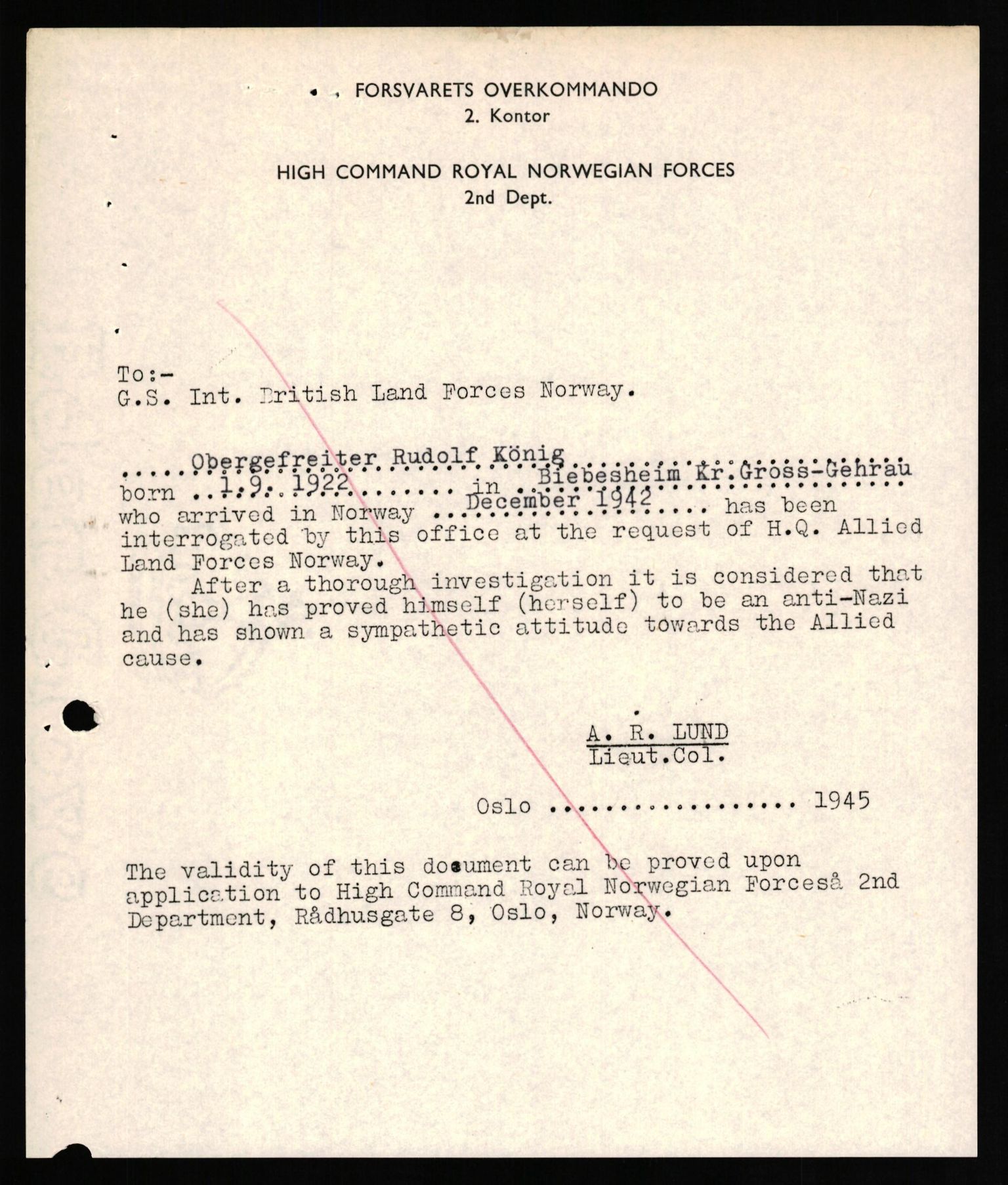 Forsvaret, Forsvarets overkommando II, AV/RA-RAFA-3915/D/Db/L0019: CI Questionaires. Tyske okkupasjonsstyrker i Norge. Tyskere., 1945-1946, p. 291