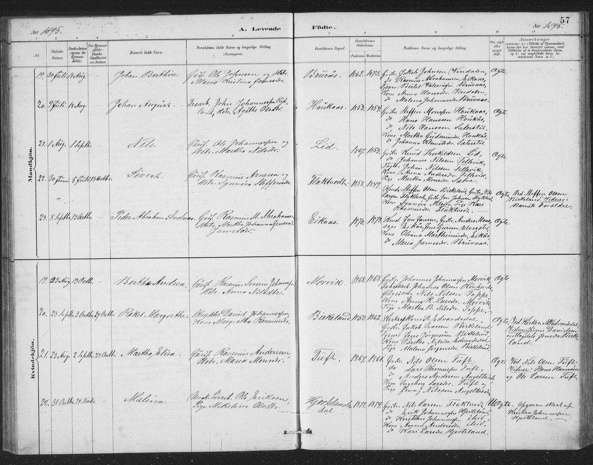 Åsane sokneprestembete, SAB/A-79401/H/Hab: Parish register (copy) no. A 2, 1885-1898, p. 57