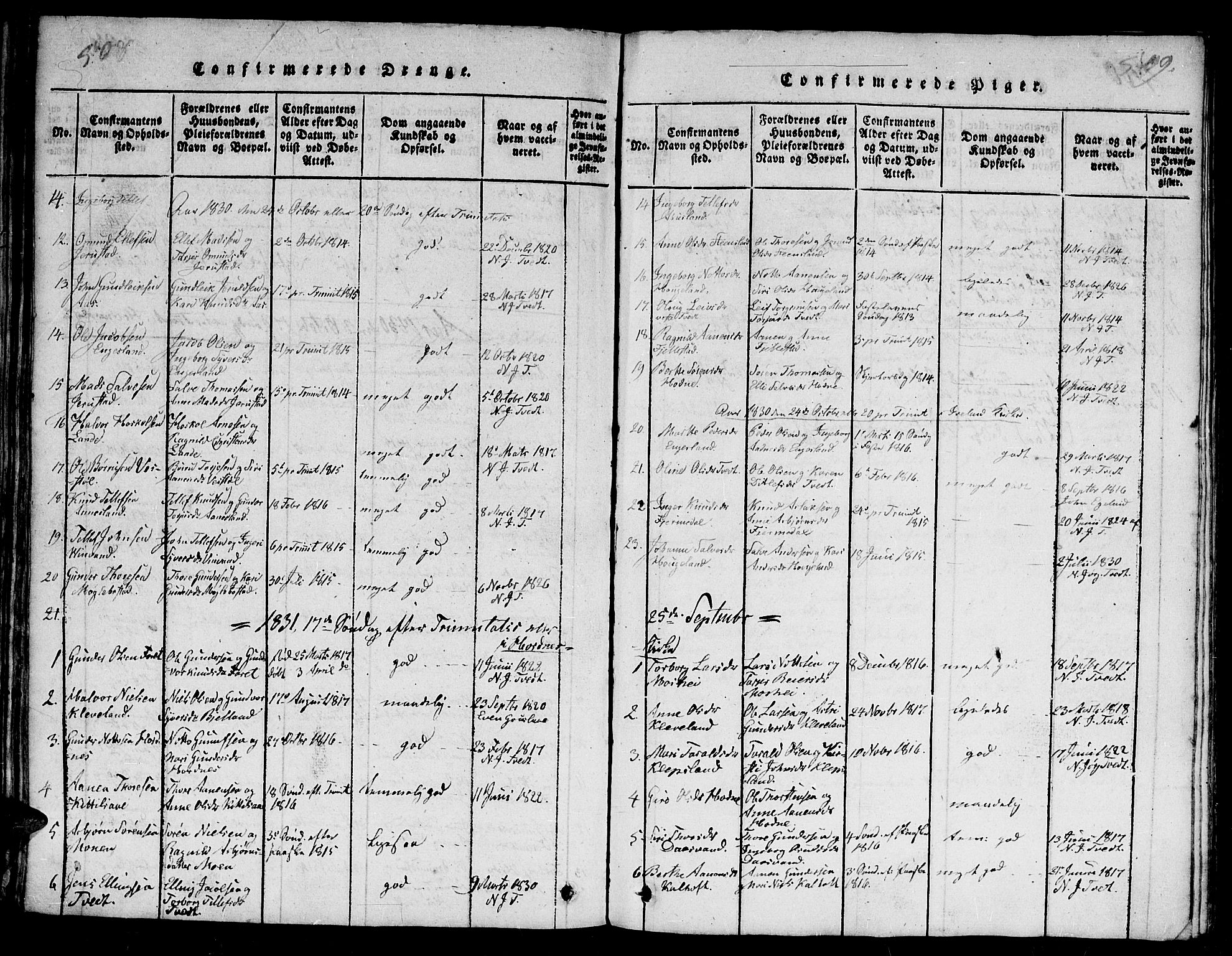 Evje sokneprestkontor, SAK/1111-0008/F/Fb/Fba/L0001: Parish register (copy) no. B 1, 1816-1842, p. 508-509
