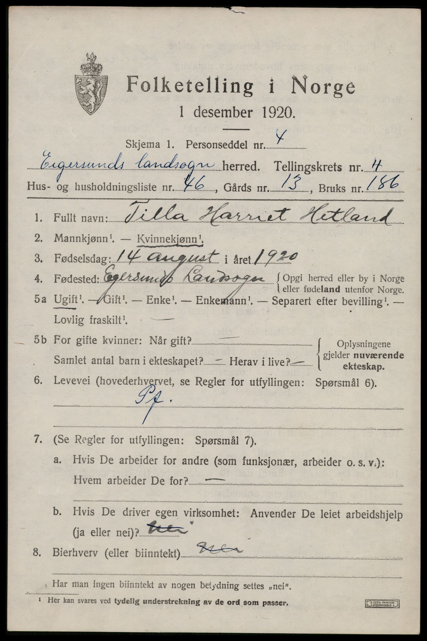 SAST, 1920 census for Eigersund, 1920, p. 3331