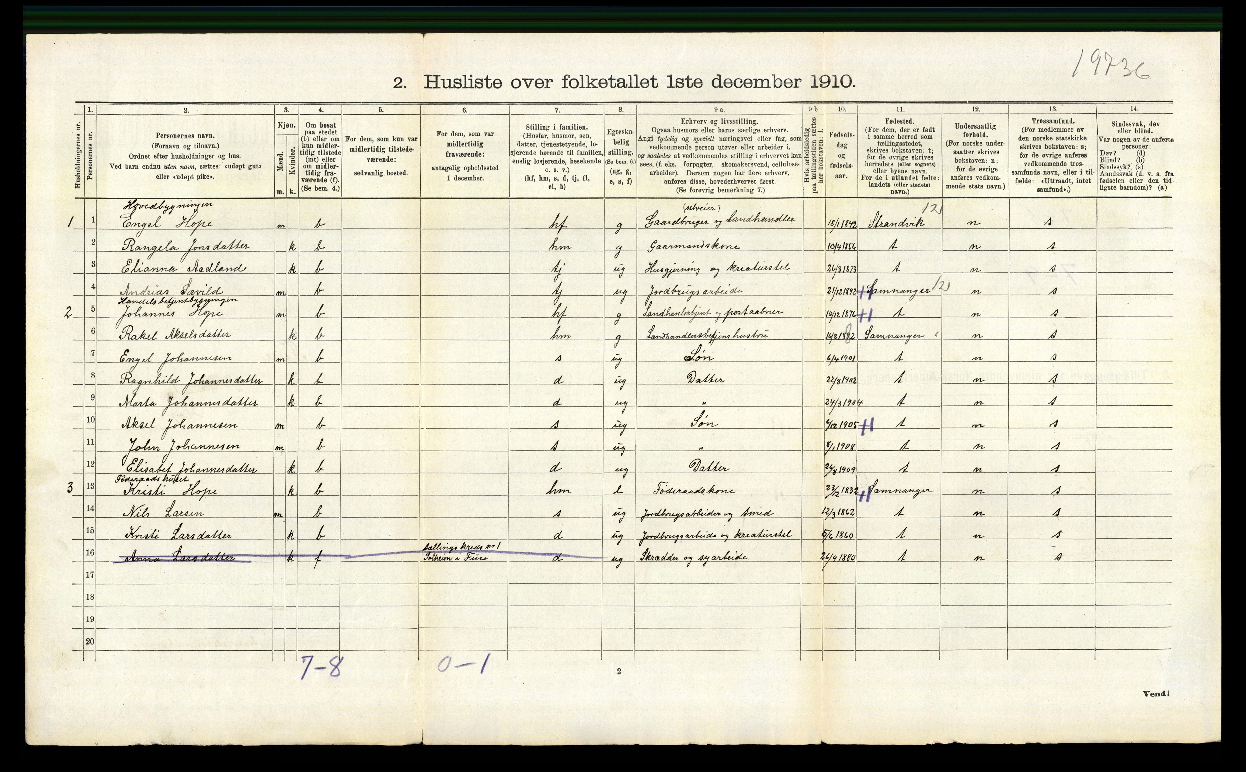 RA, 1910 census for Fusa, 1910, p. 107