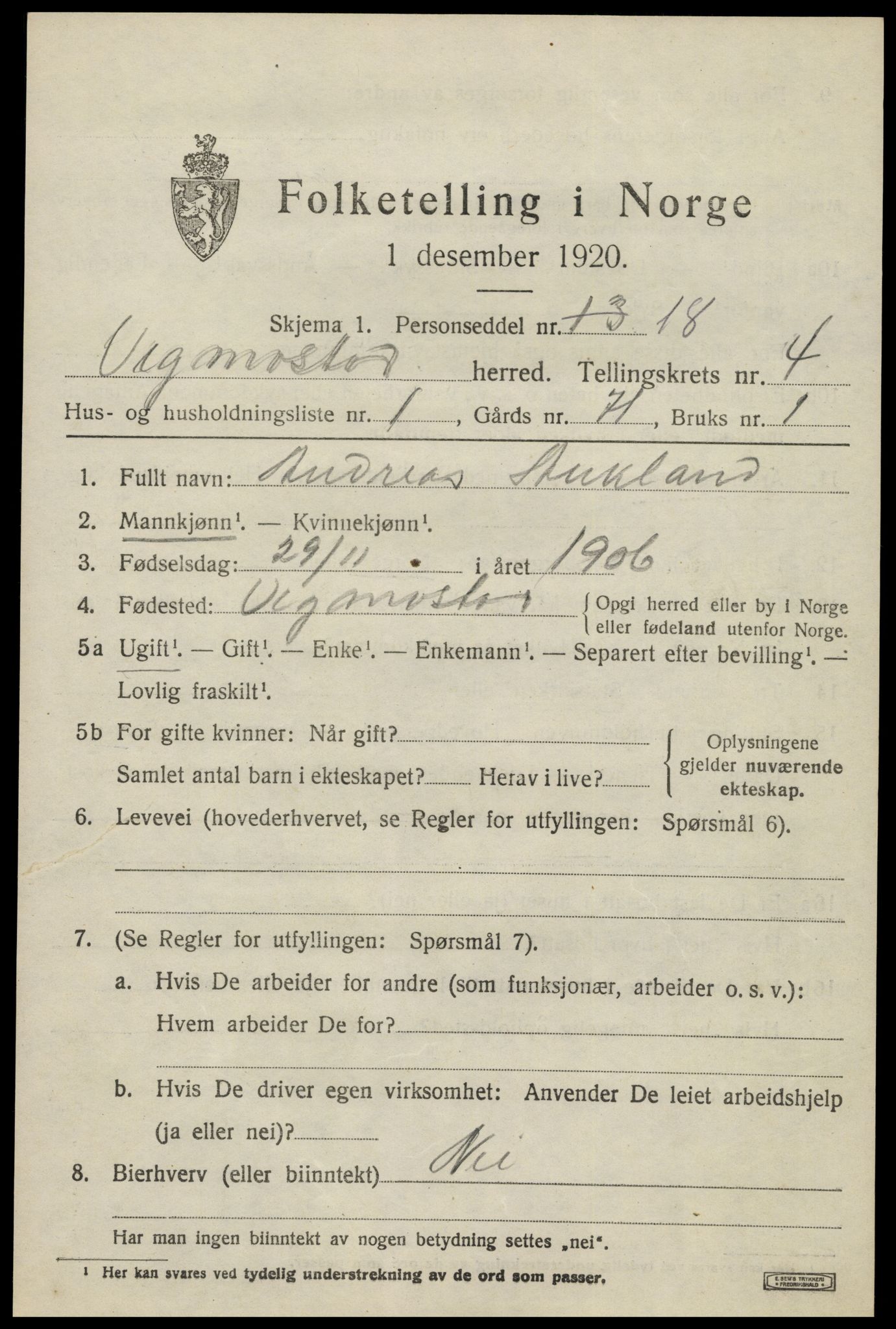 SAK, 1920 census for Vigmostad, 1920, p. 1207