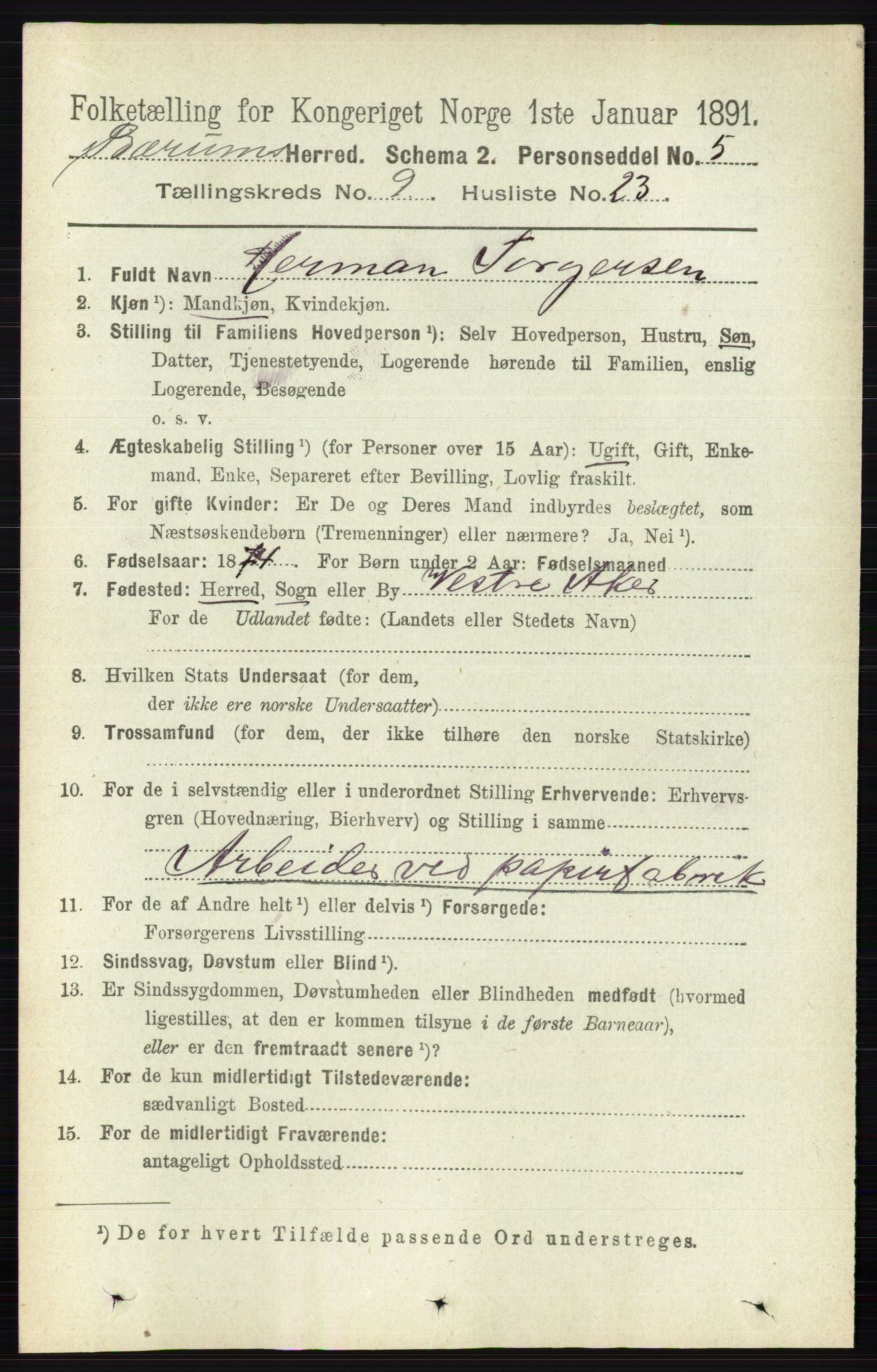 RA, 1891 census for 0219 Bærum, 1891, p. 5348