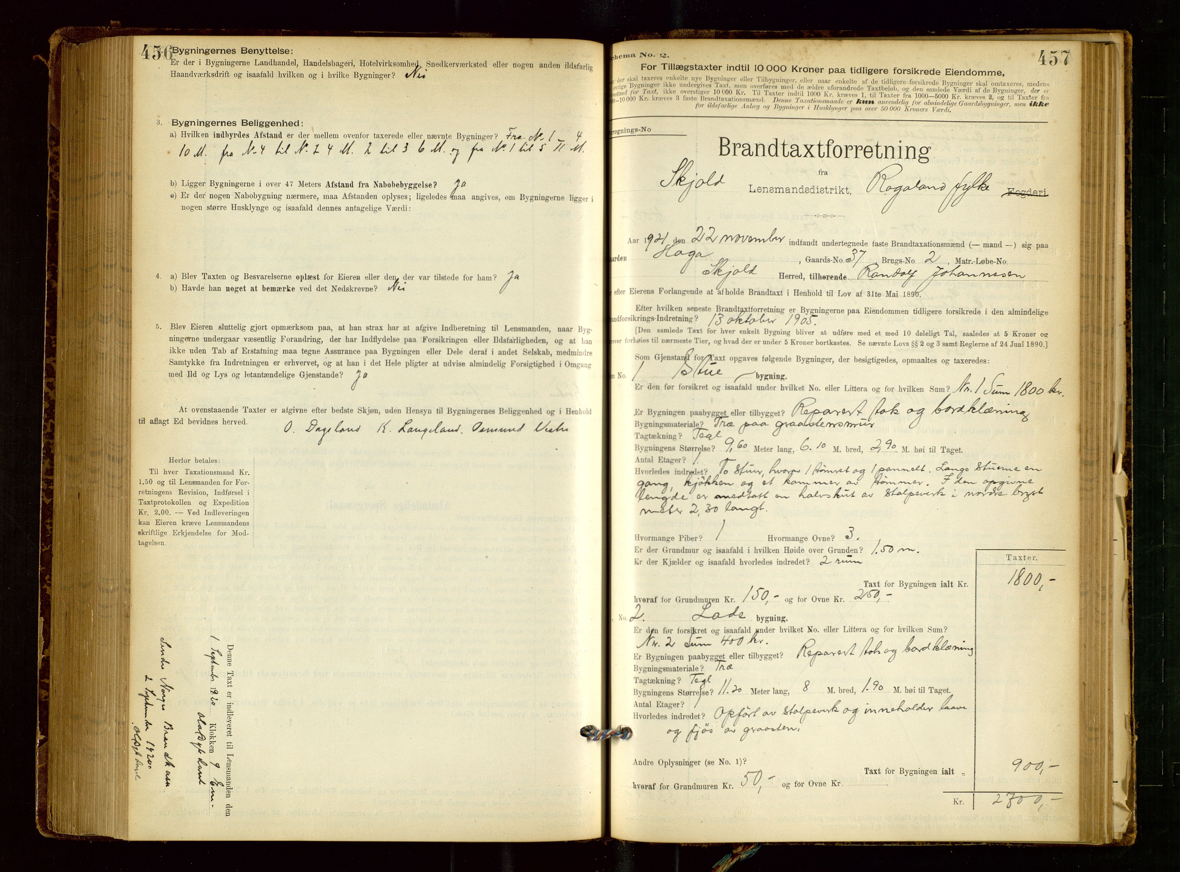 Skjold lensmannskontor, SAST/A-100182/Gob/L0001: "Brandtaxationsprotokol for Skjold Lensmandsdistrikt Ryfylke Fogderi", 1894-1939, p. 456-457