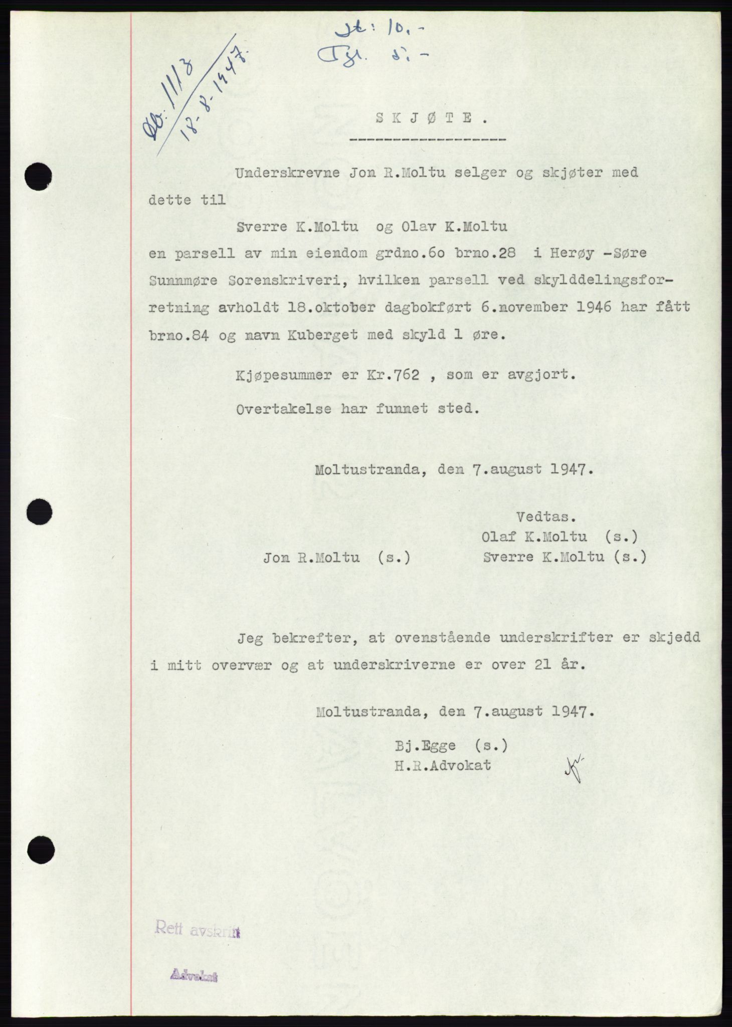 Søre Sunnmøre sorenskriveri, AV/SAT-A-4122/1/2/2C/L0081: Mortgage book no. 7A, 1947-1948, Diary no: : 1113/1947