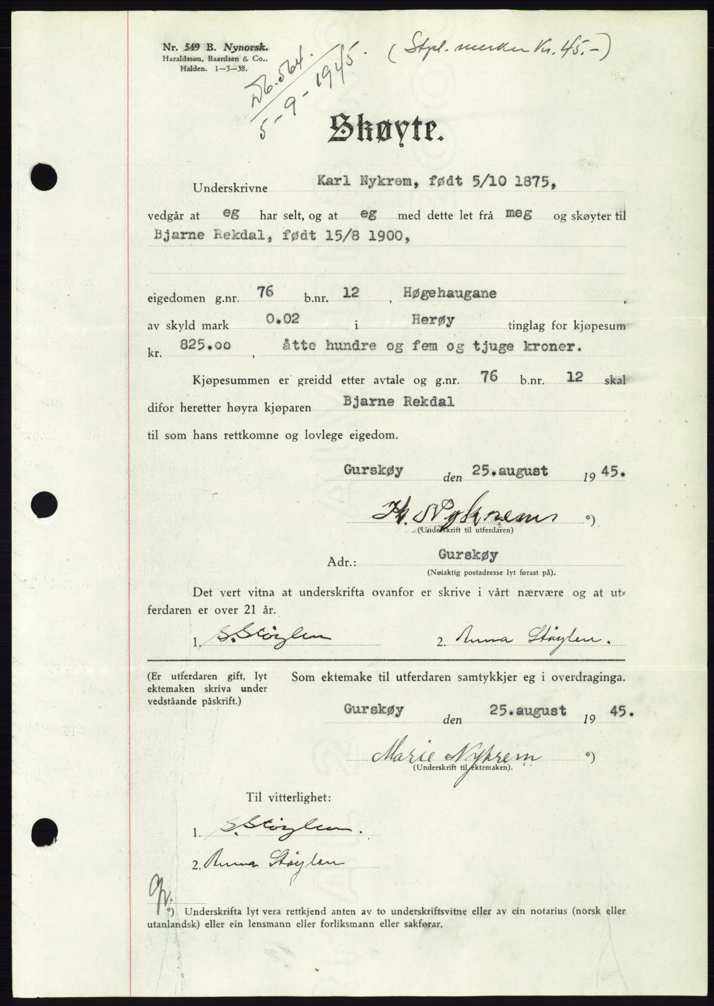 Søre Sunnmøre sorenskriveri, AV/SAT-A-4122/1/2/2C/L0077: Mortgage book no. 3A, 1945-1946, Diary no: : 564/1945