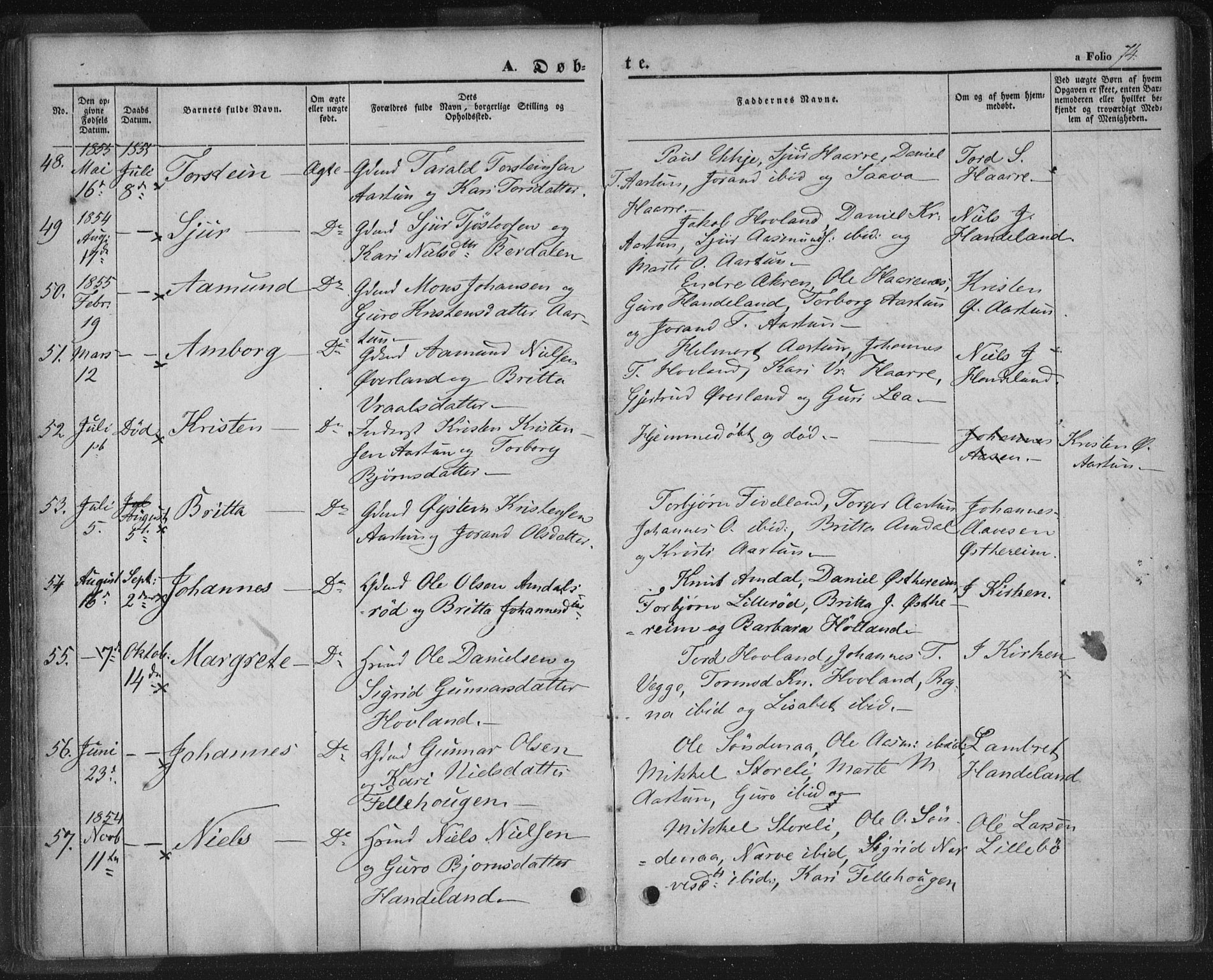 Sand sokneprestkontor, AV/SAST-A-101848/01/III/L0002: Parish register (official) no. A 2, 1838-1859, p. 74