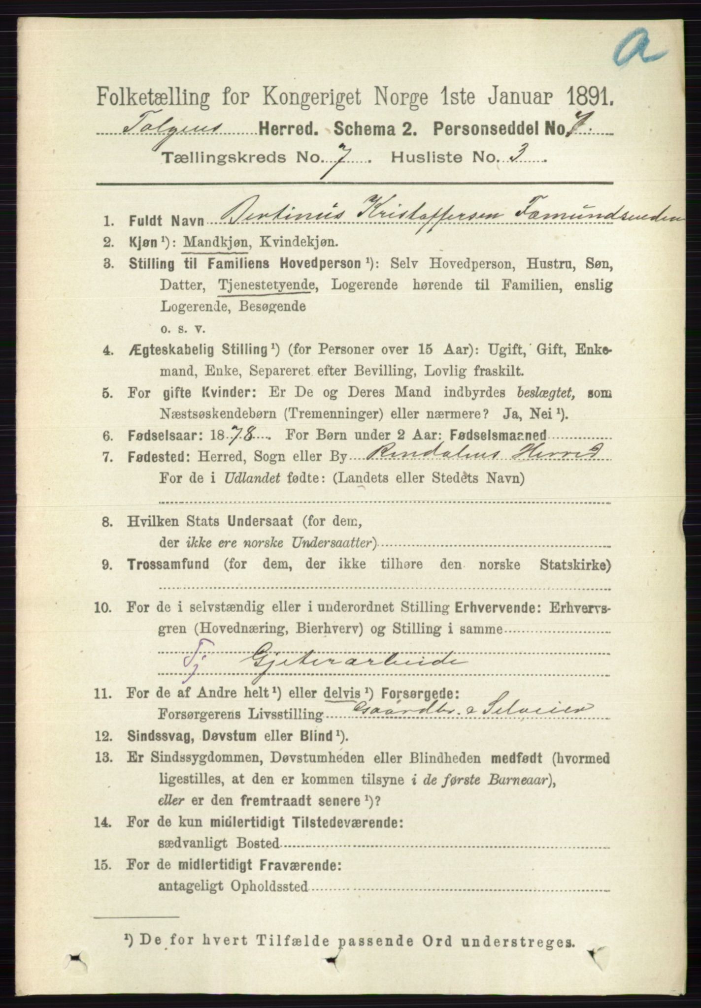 RA, 1891 census for 0436 Tolga, 1891, p. 2042