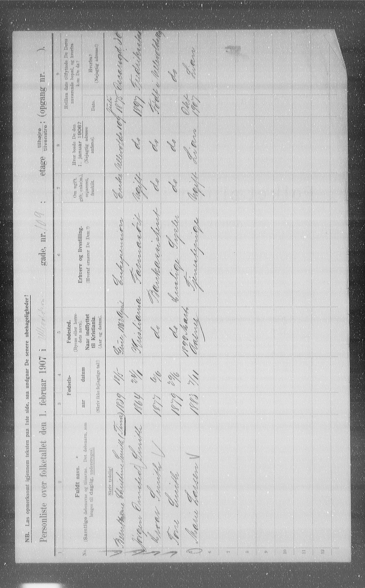 OBA, Municipal Census 1907 for Kristiania, 1907, p. 60906