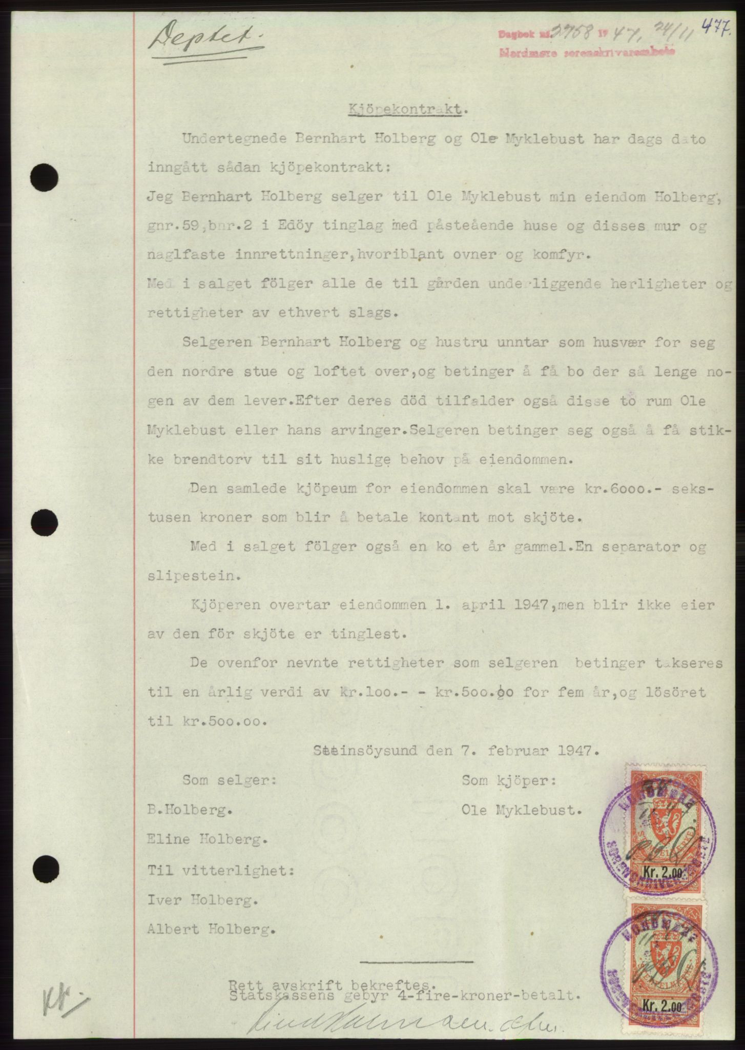 Nordmøre sorenskriveri, AV/SAT-A-4132/1/2/2Ca: Mortgage book no. B97, 1947-1948, Diary no: : 2758/1947