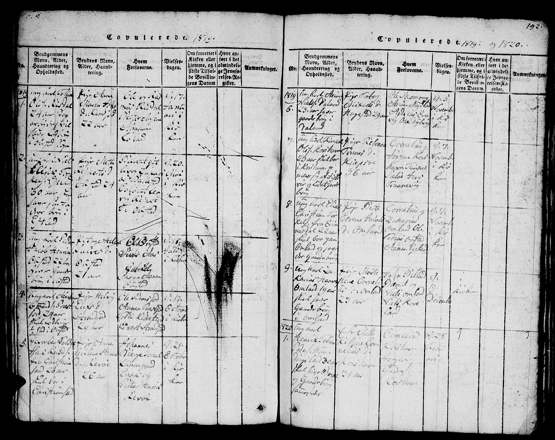 Lyngdal sokneprestkontor, AV/SAK-1111-0029/F/Fb/Fba/L0001: Parish register (copy) no. B 1, 1816-1876, p. 192