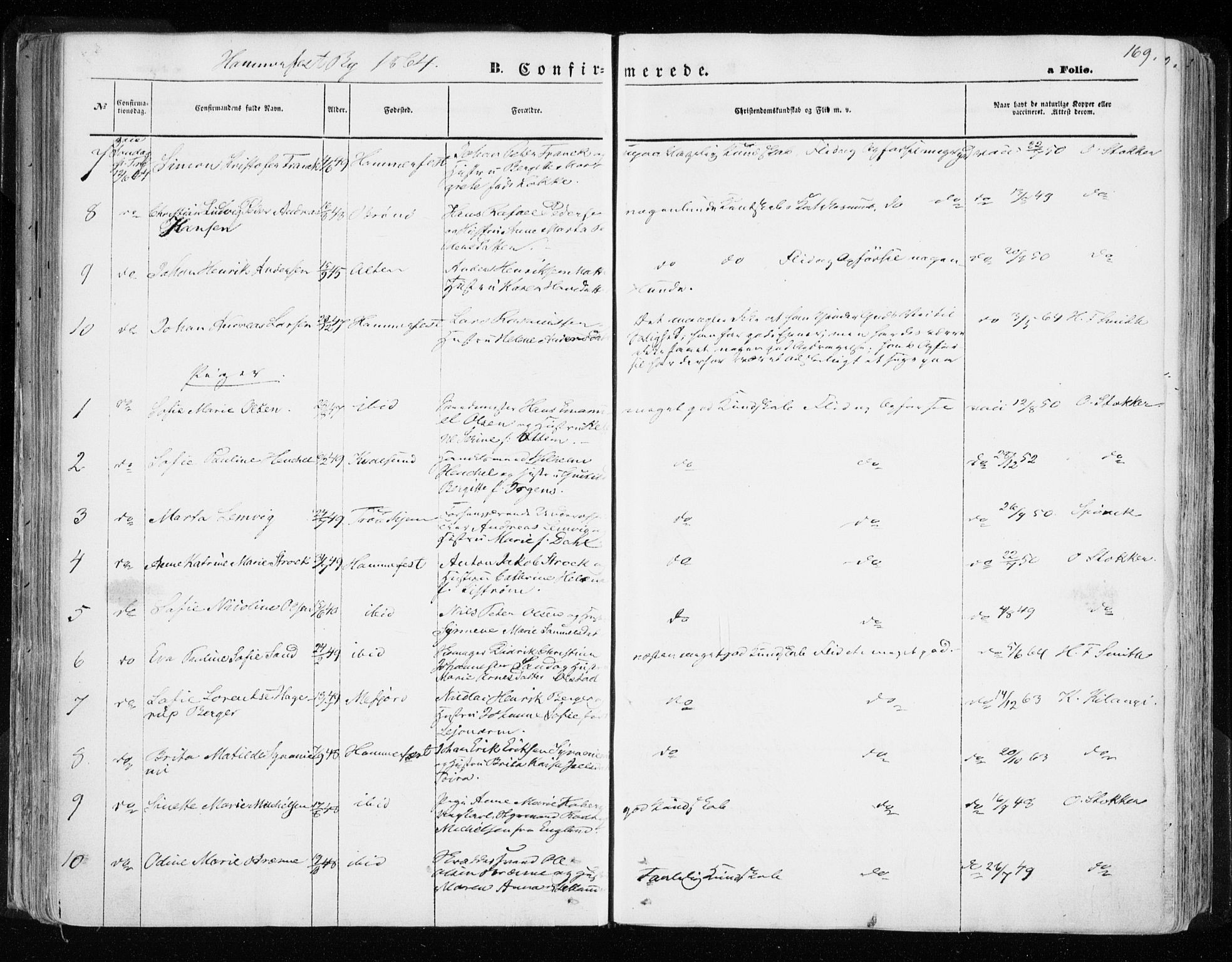 Hammerfest sokneprestkontor, AV/SATØ-S-1347/H/Ha/L0005.kirke: Parish register (official) no. 5, 1857-1869, p. 169