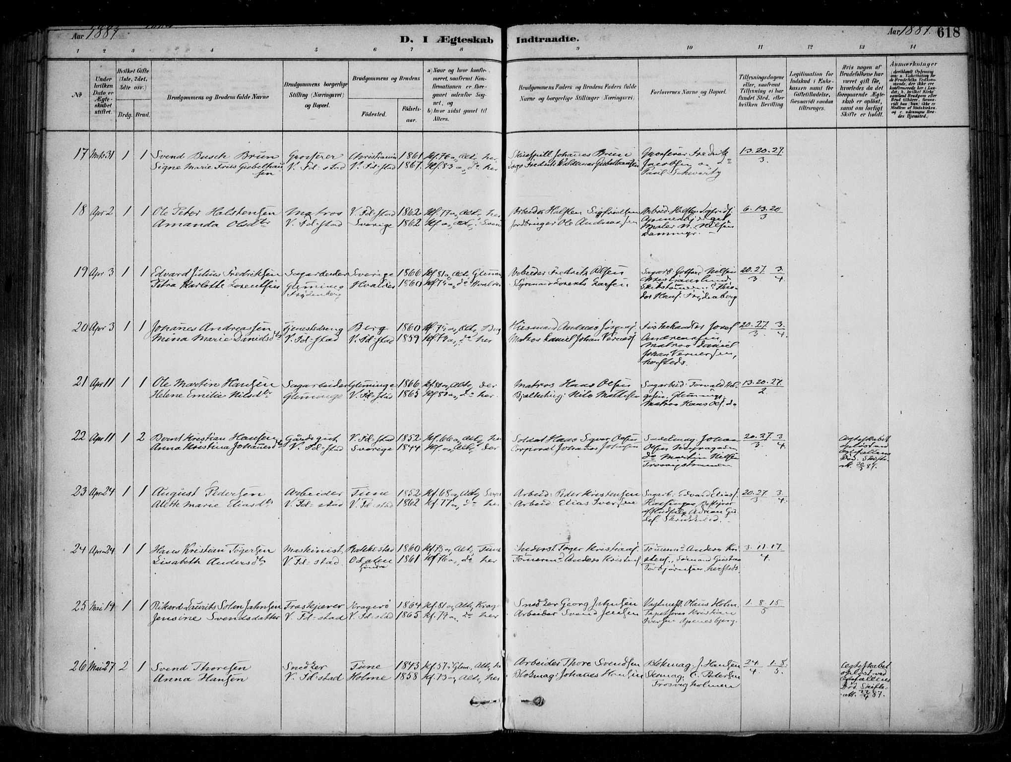 Fredrikstad domkirkes prestekontor Kirkebøker, AV/SAO-A-10906/F/Fa/L0004: Parish register (official) no. 4, 1878-1907, p. 618