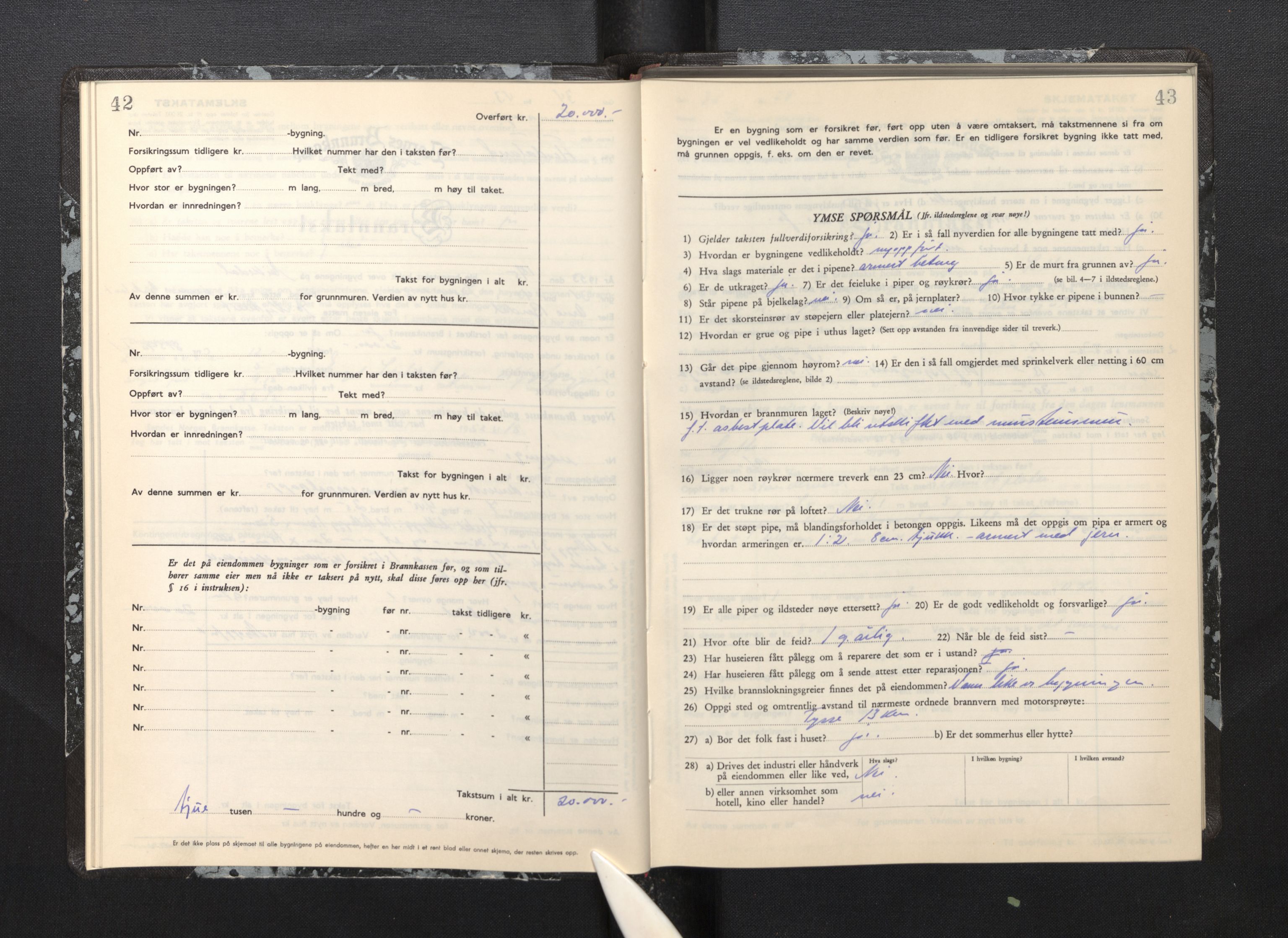 Lensmannen i Samnanger, AV/SAB-A-34601/0012/L0002: Branntakstprotokoll, skjematakst, 1951-1955, p. 42-43