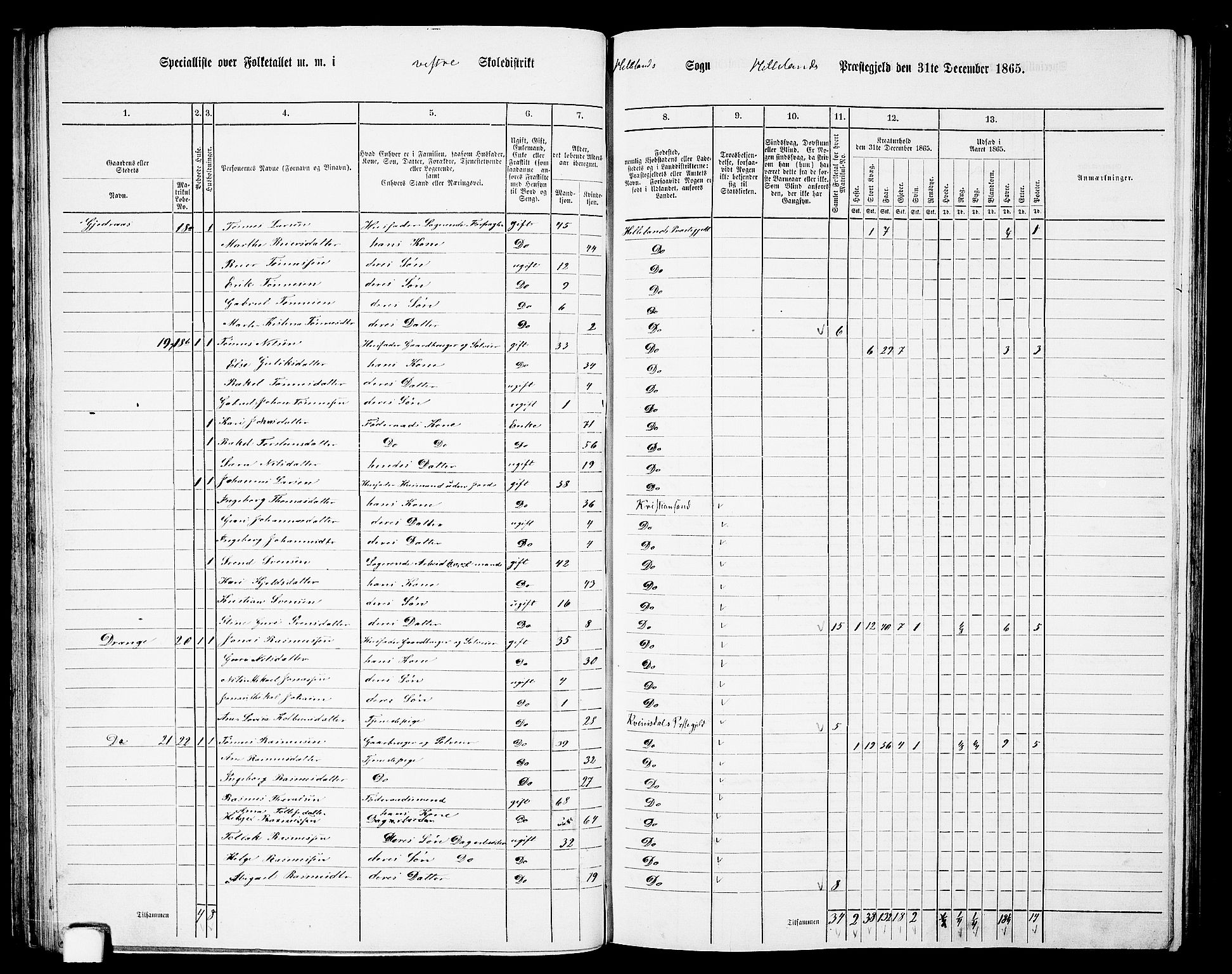 RA, 1865 census for Helleland, 1865, p. 55