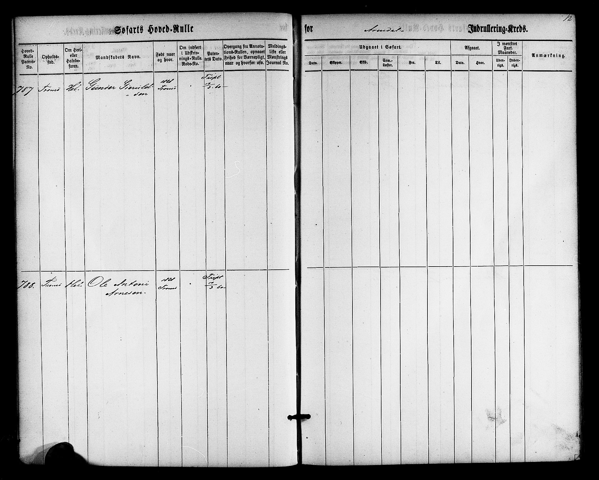 Arendal mønstringskrets, SAK/2031-0012/F/Fb/L0009: Hovedrulle nr 767-1532, S-7, 1857-1864, p. 12