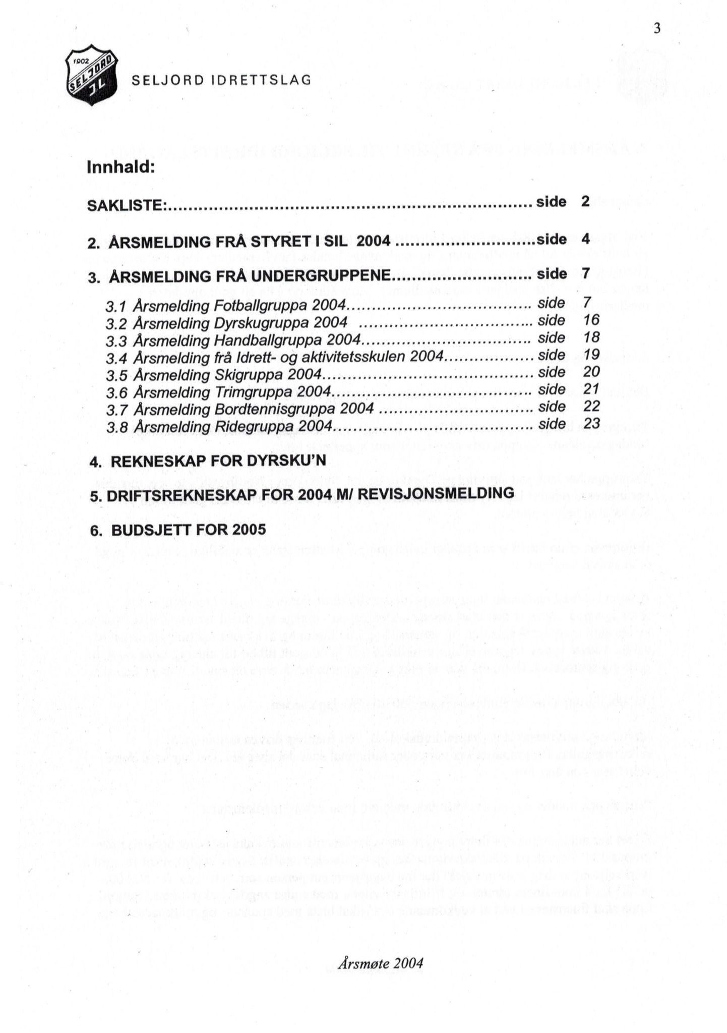 Seljord Idrettslag, VTM/A-1034/A/Ab/L0003: Årsmeldingar, 2004, p. 3