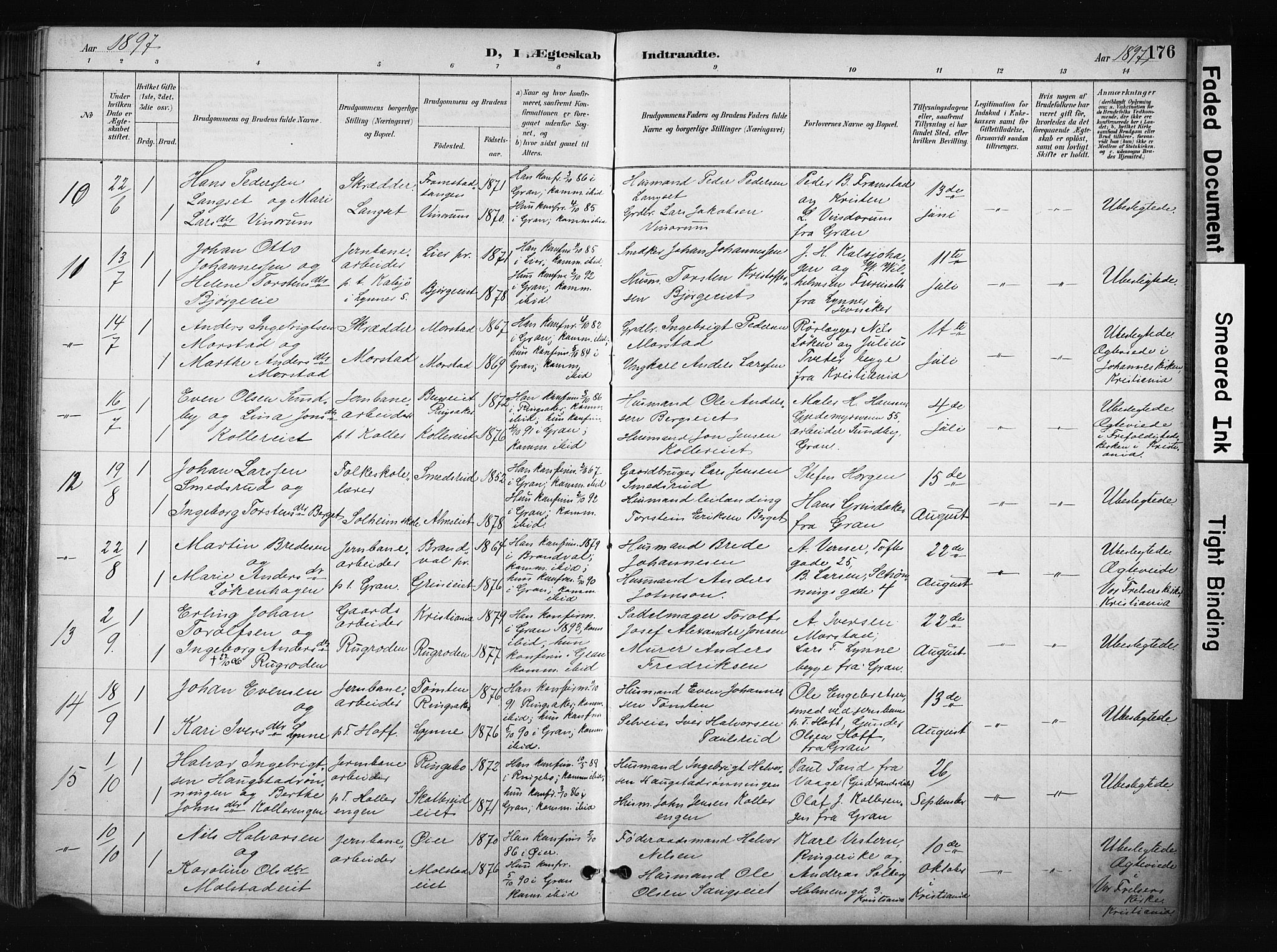 Gran prestekontor, SAH/PREST-112/H/Ha/Haa/L0017: Parish register (official) no. 17, 1889-1897, p. 176