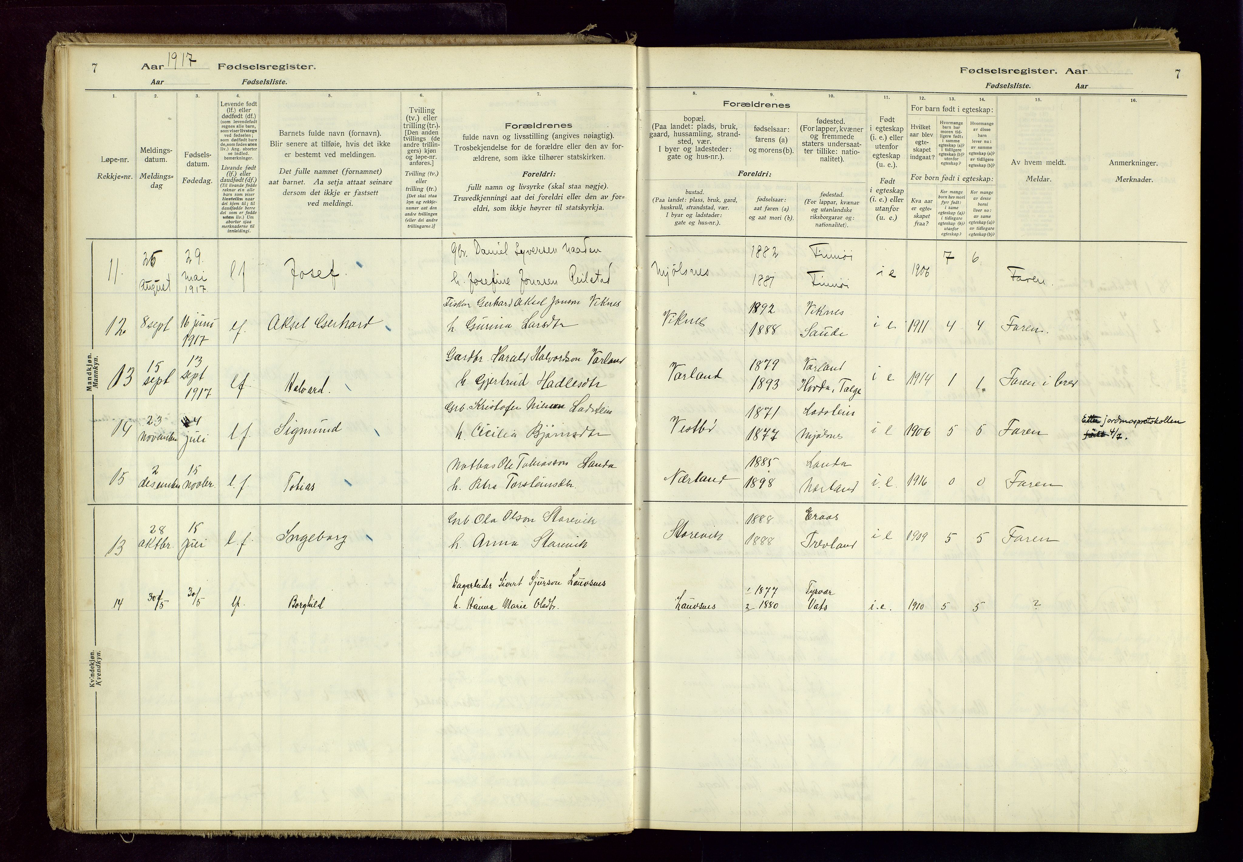 Finnøy sokneprestkontor, AV/SAST-A-101825/I/Id/L0001: Birth register no. 1, 1916-1977, p. 7