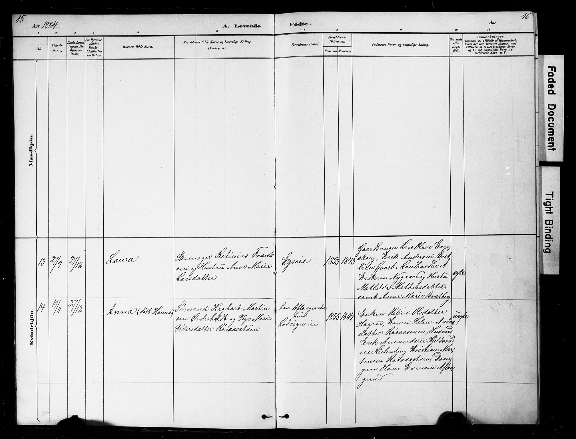 Nes prestekontor, Hedmark, AV/SAH-PREST-020/L/La/L0016: Parish register (copy) no. 16, 1883-1900, p. 15-16