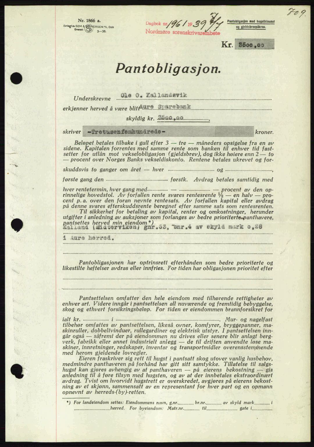 Nordmøre sorenskriveri, AV/SAT-A-4132/1/2/2Ca: Mortgage book no. B85, 1939-1939, Diary no: : 1961/1939