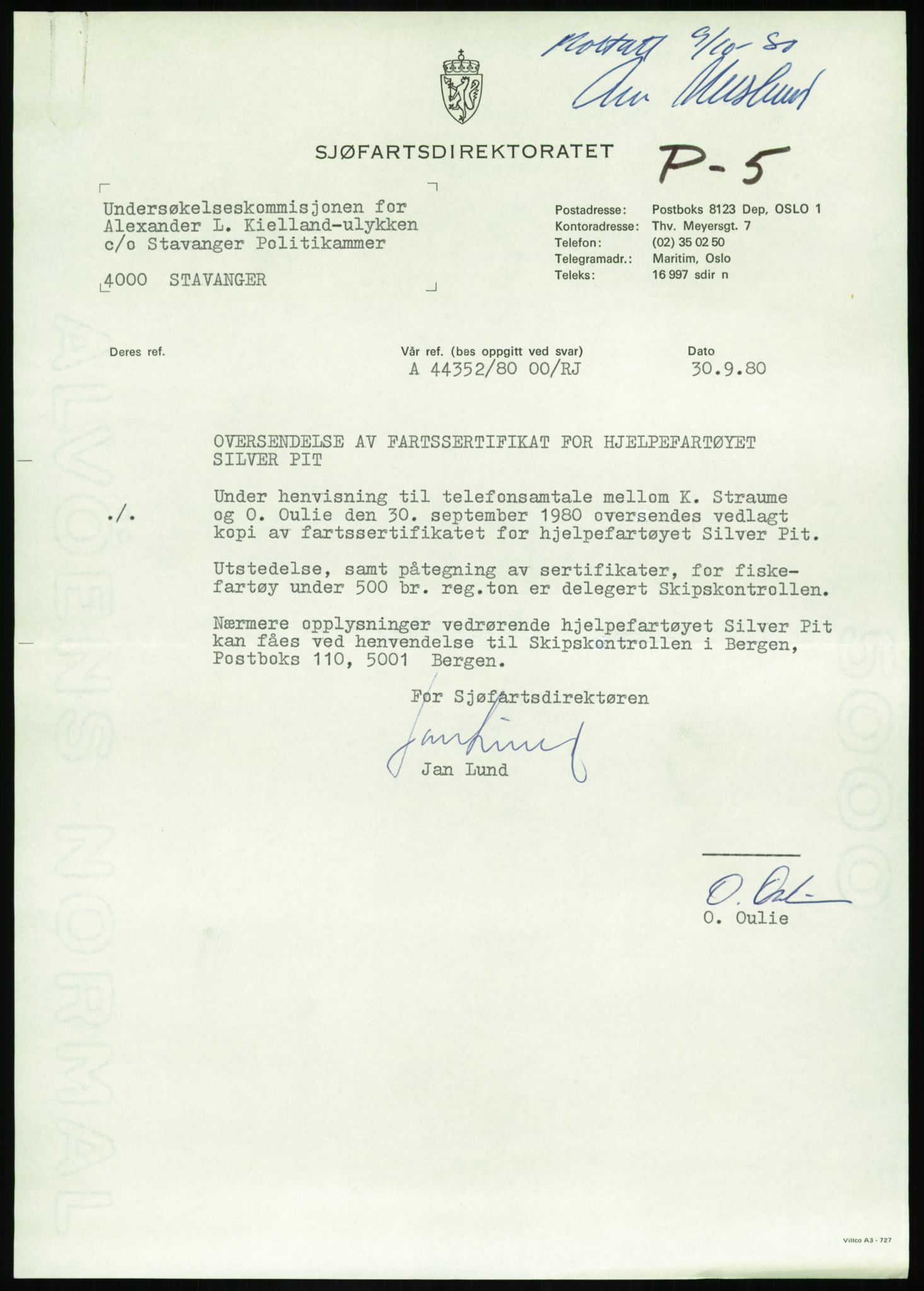 Justisdepartementet, Granskningskommisjonen ved Alexander Kielland-ulykken 27.3.1980, RA/S-1165/D/L0017: P Hjelpefartøy (Doku.liste + P1-P6 av 6)/Q Hovedredningssentralen (Q0-Q27 av 27), 1980-1981, p. 31