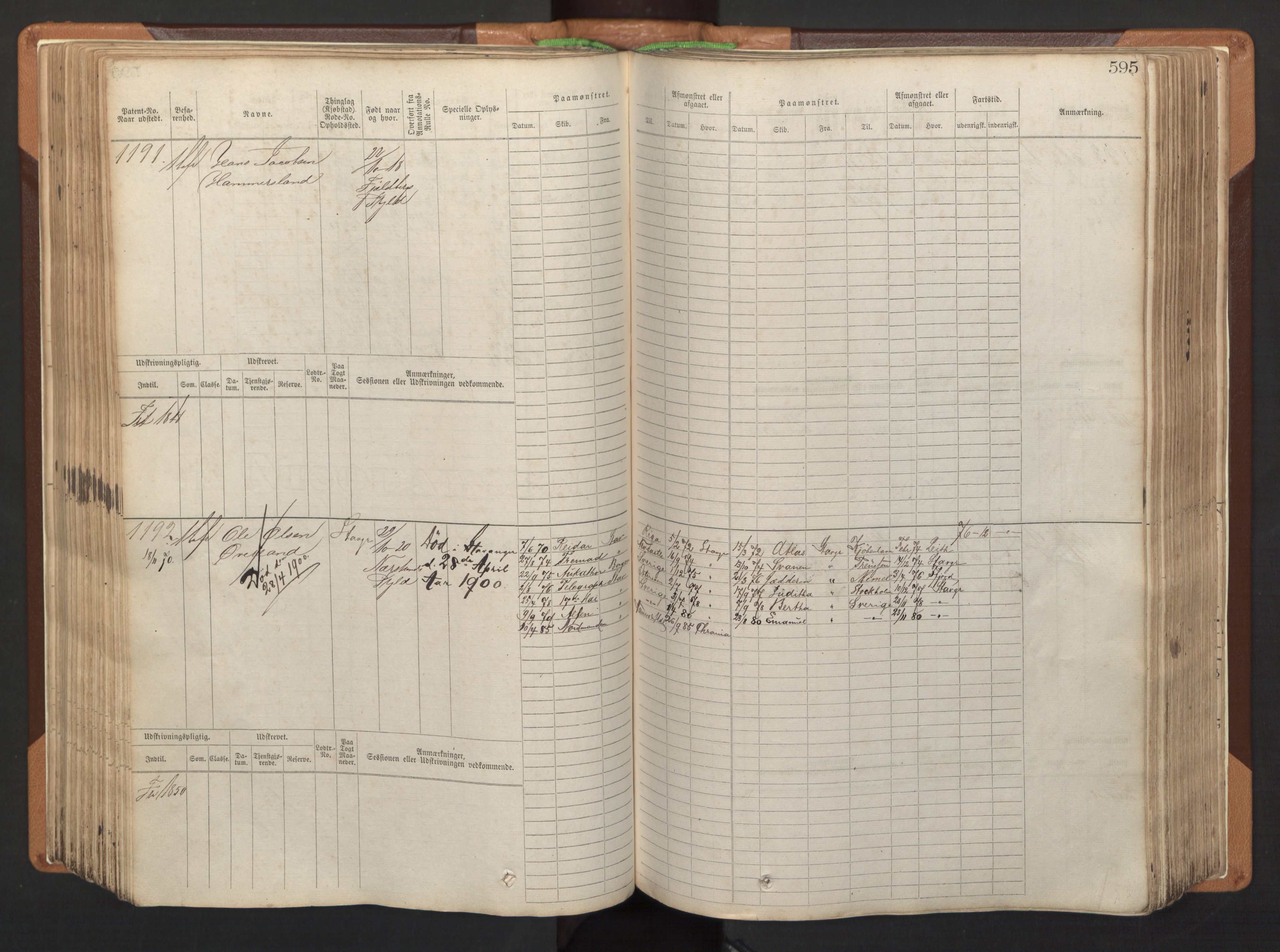 Stavanger sjømannskontor, AV/SAST-A-102006/F/Fb/Fbb/L0005: Sjøfartshovedrulle, patentnr. 793-1606 (del 2), 1869-1880, p. 205