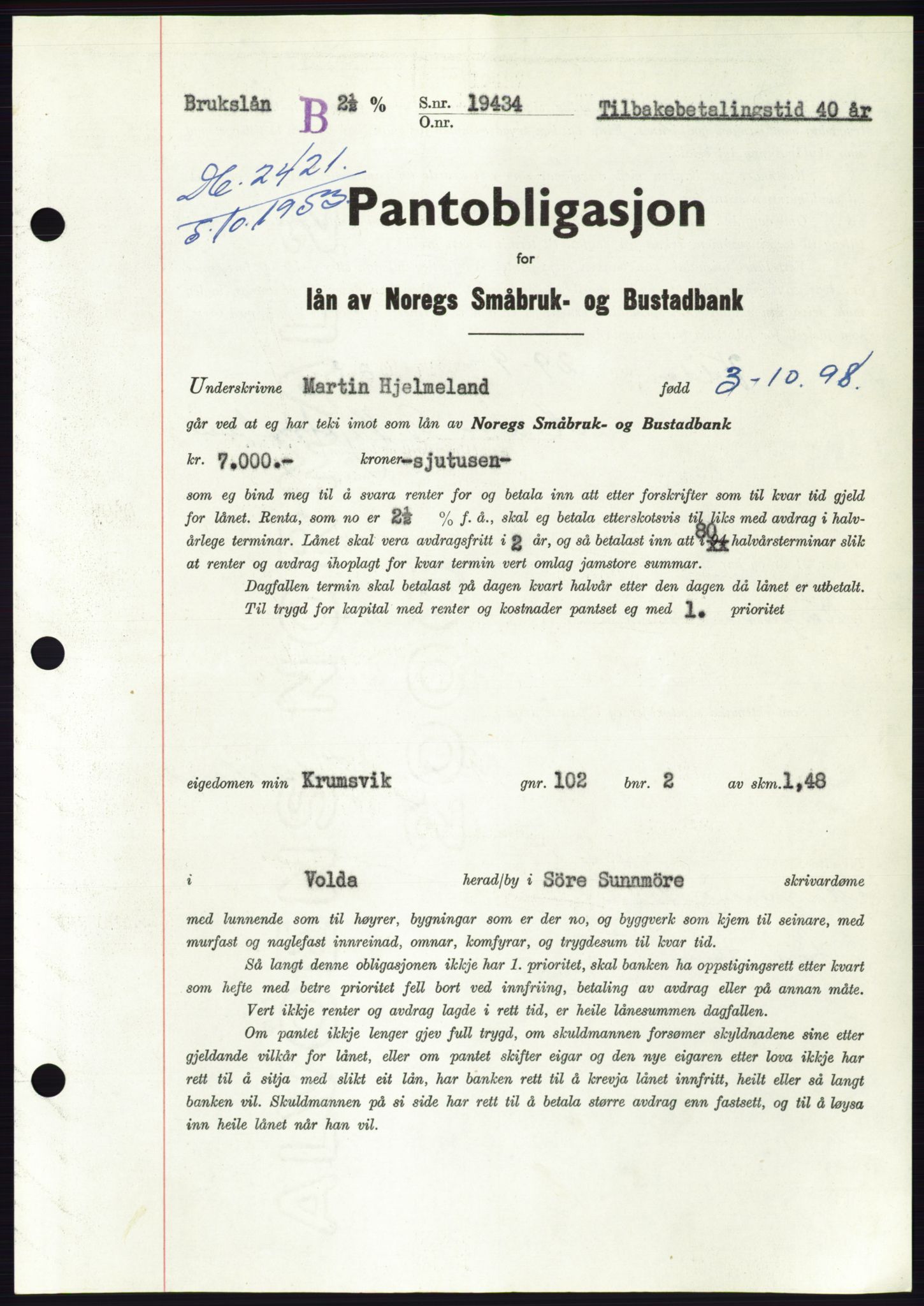 Søre Sunnmøre sorenskriveri, AV/SAT-A-4122/1/2/2C/L0124: Mortgage book no. 12B, 1953-1954, Diary no: : 2421/1953