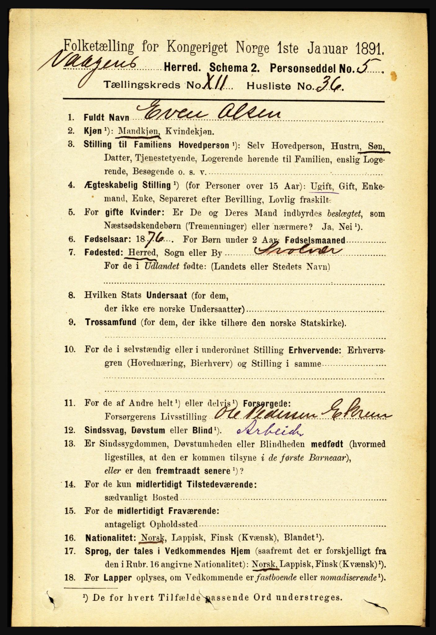 RA, 1891 census for 1865 Vågan, 1891, p. 3112