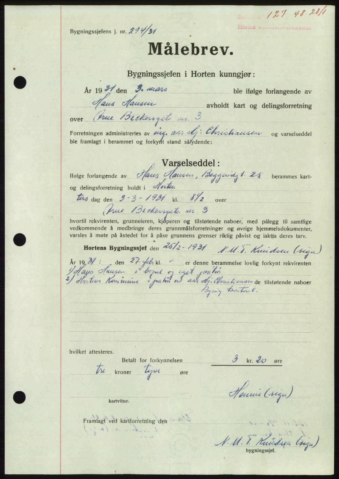 Horten sorenskriveri, AV/SAKO-A-133/G/Ga/Gaa/L0010: Mortgage book no. A-10, 1947-1948, Diary no: : 127/1948