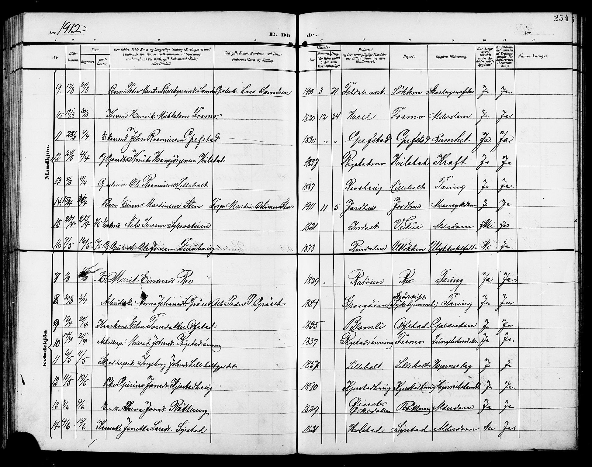 Ministerialprotokoller, klokkerbøker og fødselsregistre - Sør-Trøndelag, AV/SAT-A-1456/672/L0864: Parish register (copy) no. 672C03, 1902-1914, p. 254