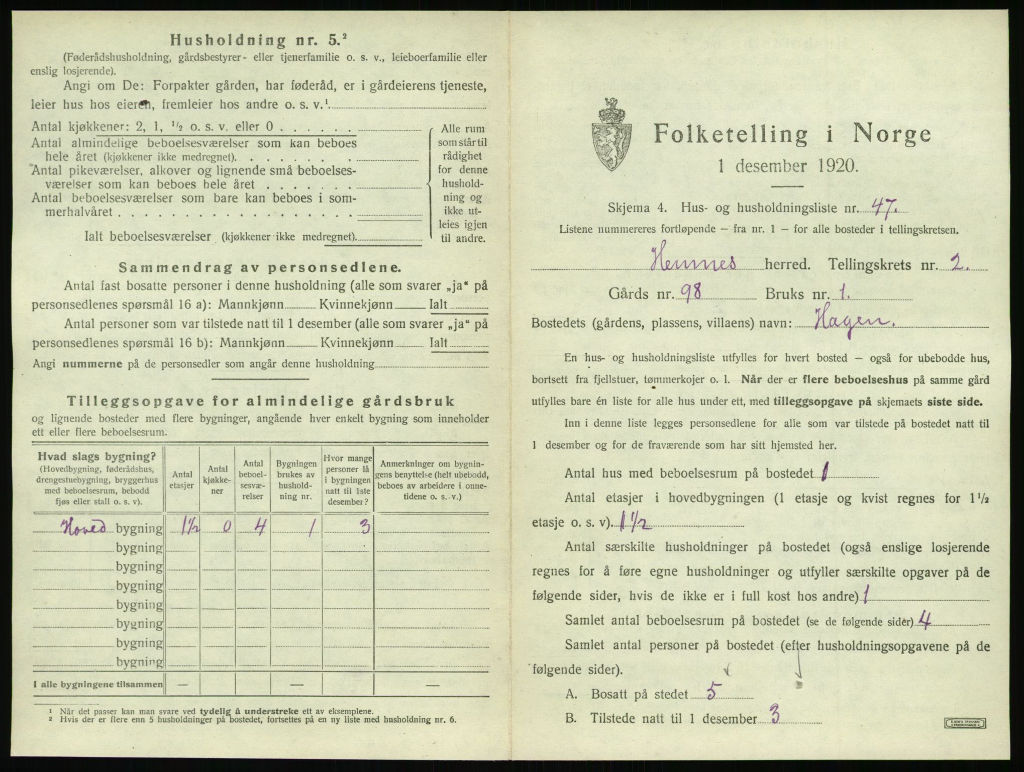 SAT, 1920 census for Hemnes, 1920, p. 602