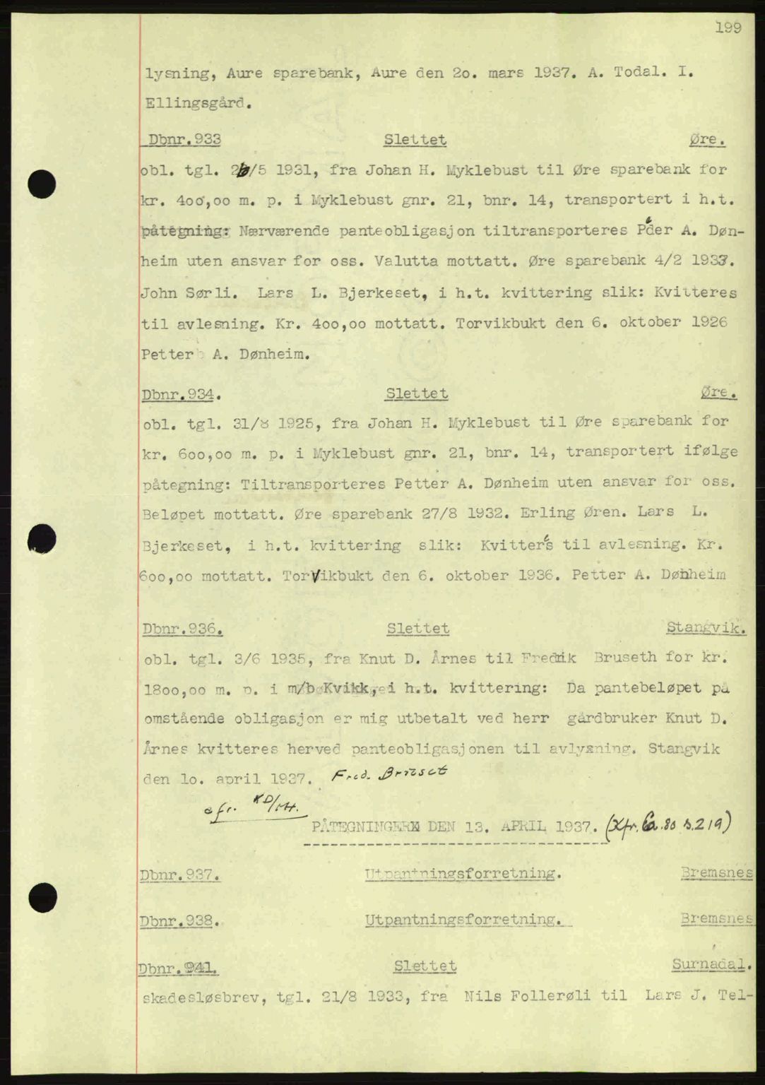 Nordmøre sorenskriveri, AV/SAT-A-4132/1/2/2Ca: Mortgage book no. C80, 1936-1939, Diary no: : 933/1937