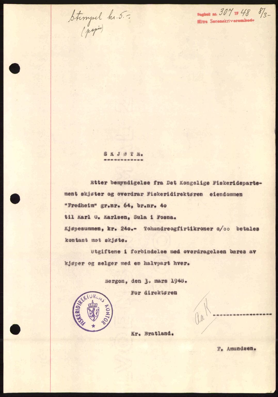 Hitra sorenskriveri, AV/SAT-A-0018/2/2C/2Ca: Mortgage book no. A5, 1947-1948, Diary no: : 307/1948