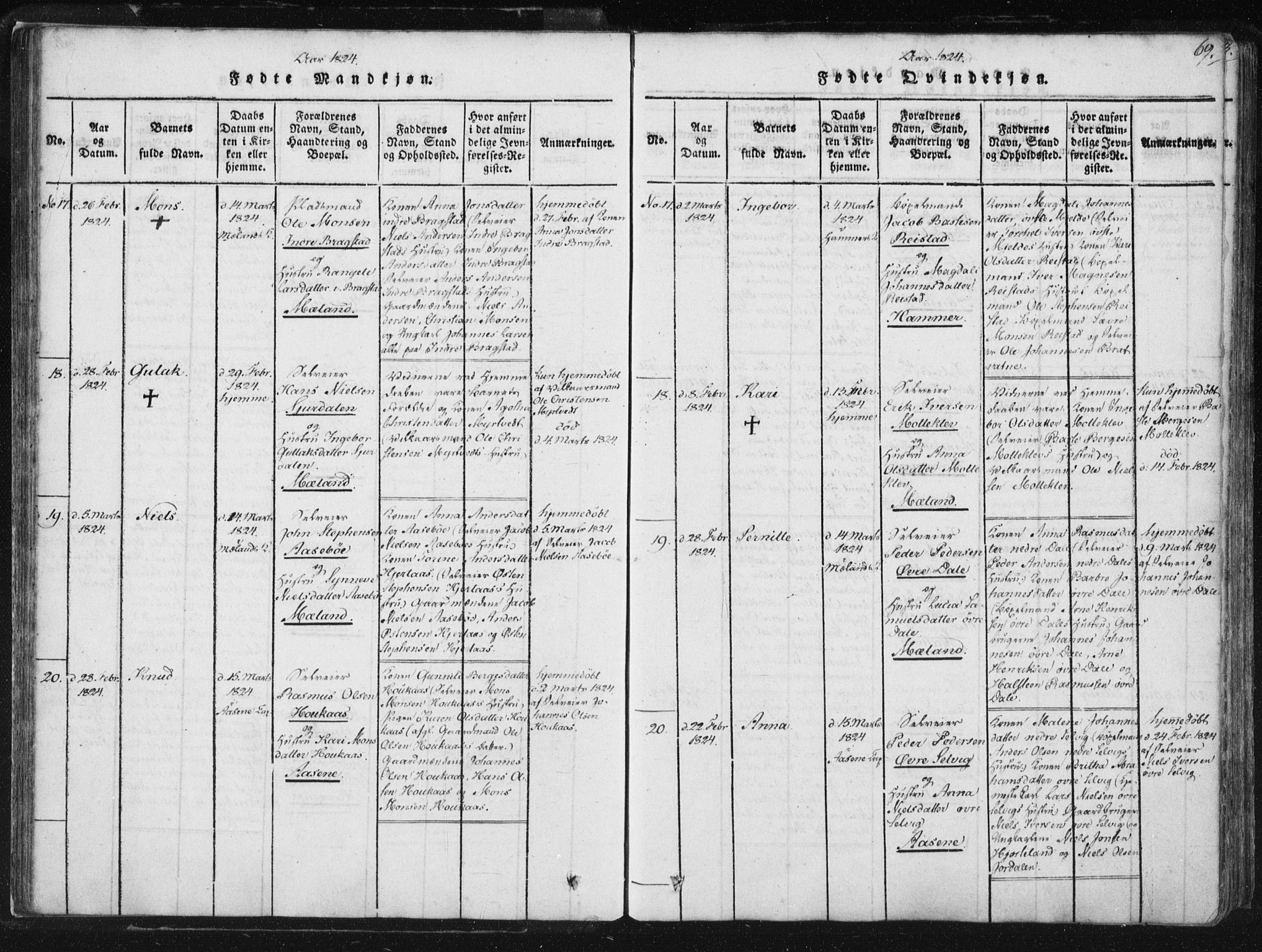 Hamre sokneprestembete, AV/SAB-A-75501/H/Ha/Haa/Haaa/L0010: Parish register (official) no. A 10, 1816-1826, p. 69