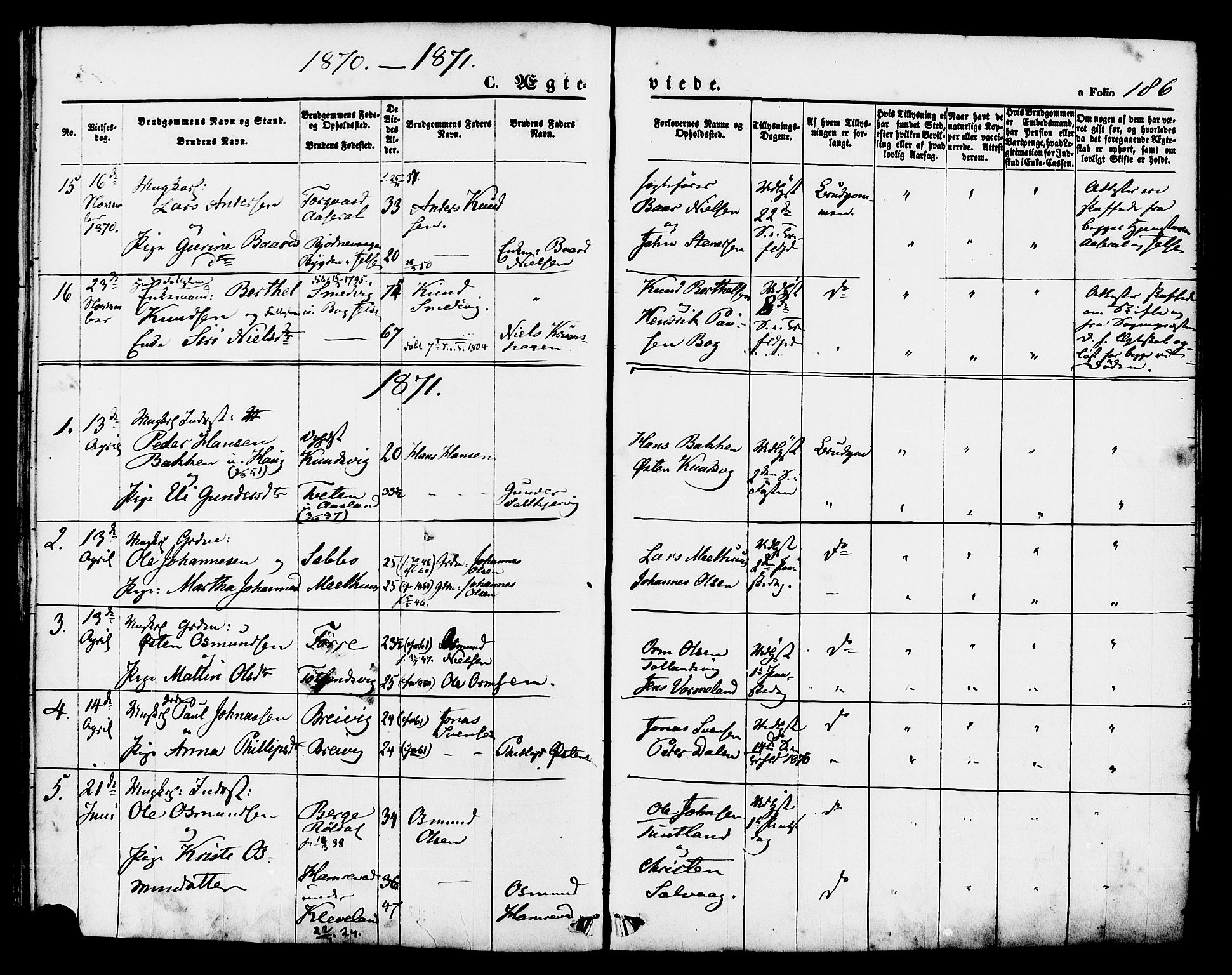 Hjelmeland sokneprestkontor, SAST/A-101843/01/IV/L0011: Parish register (official) no. A 11, 1861-1878, p. 186