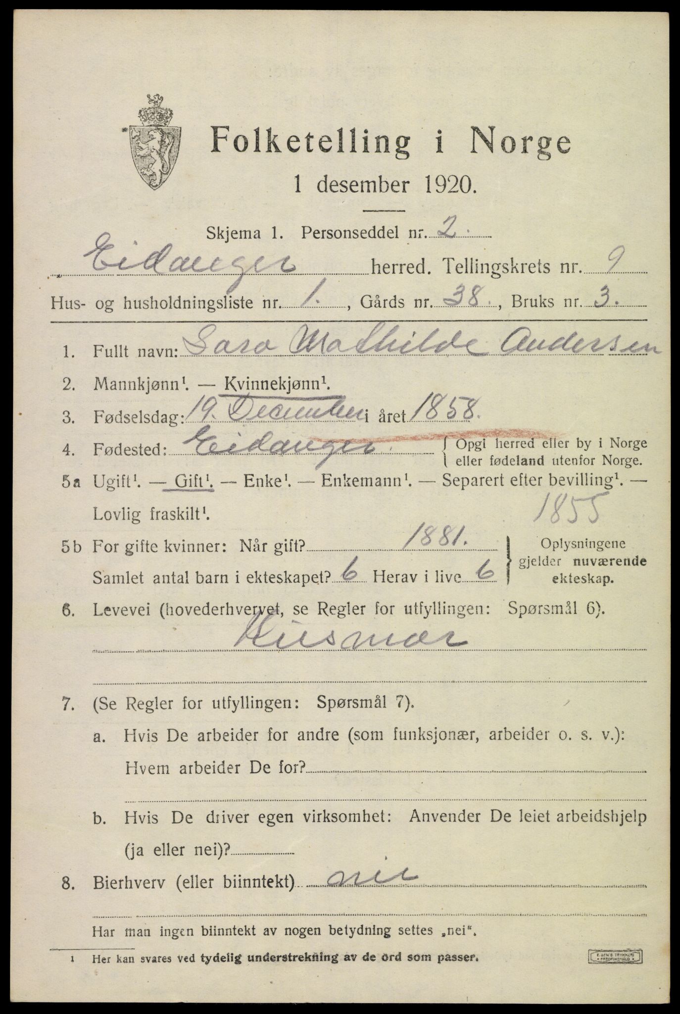 SAKO, 1920 census for Eidanger, 1920, p. 5912