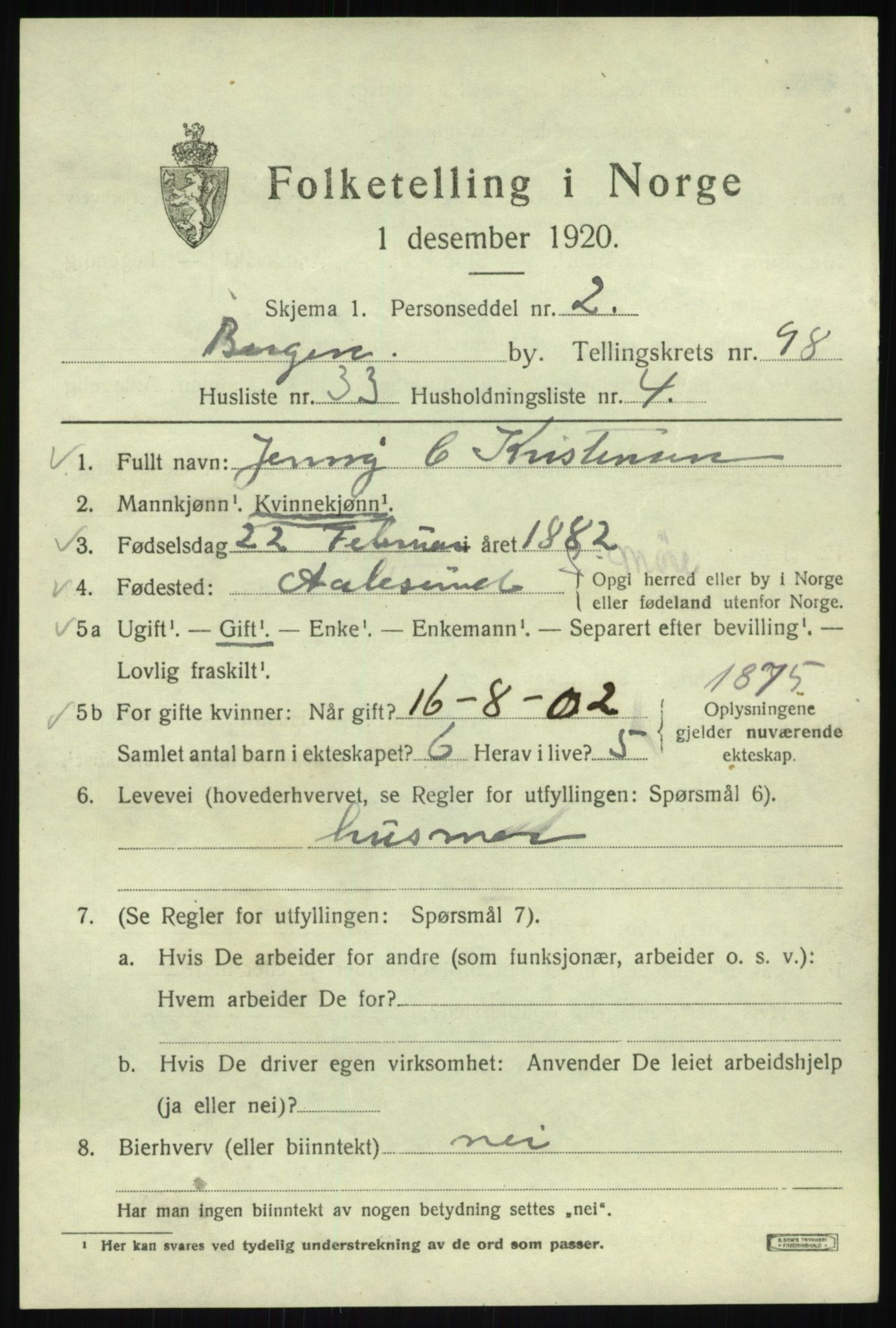 SAB, 1920 census for Bergen, 1920, p. 173859