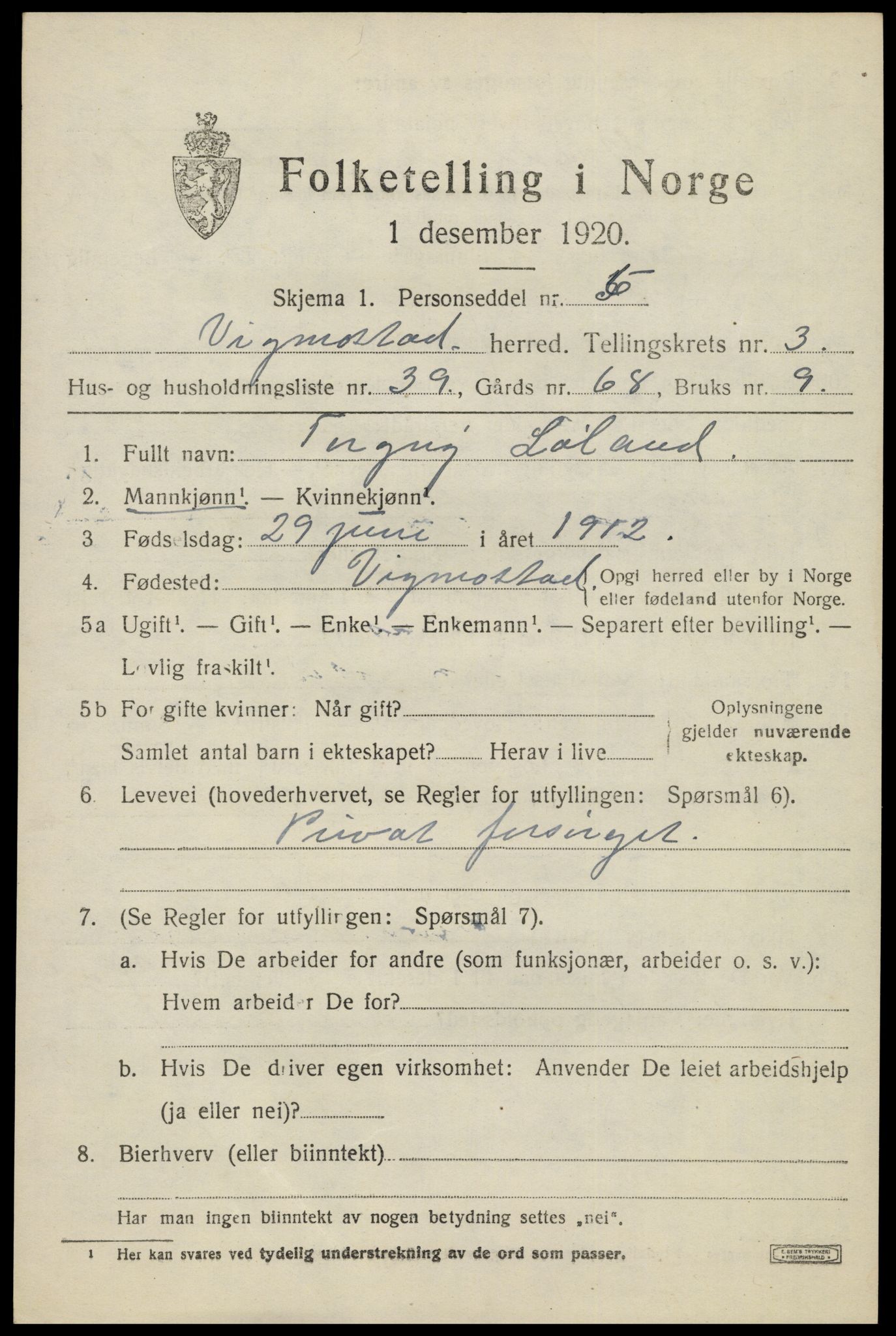 SAK, 1920 census for Vigmostad, 1920, p. 1145